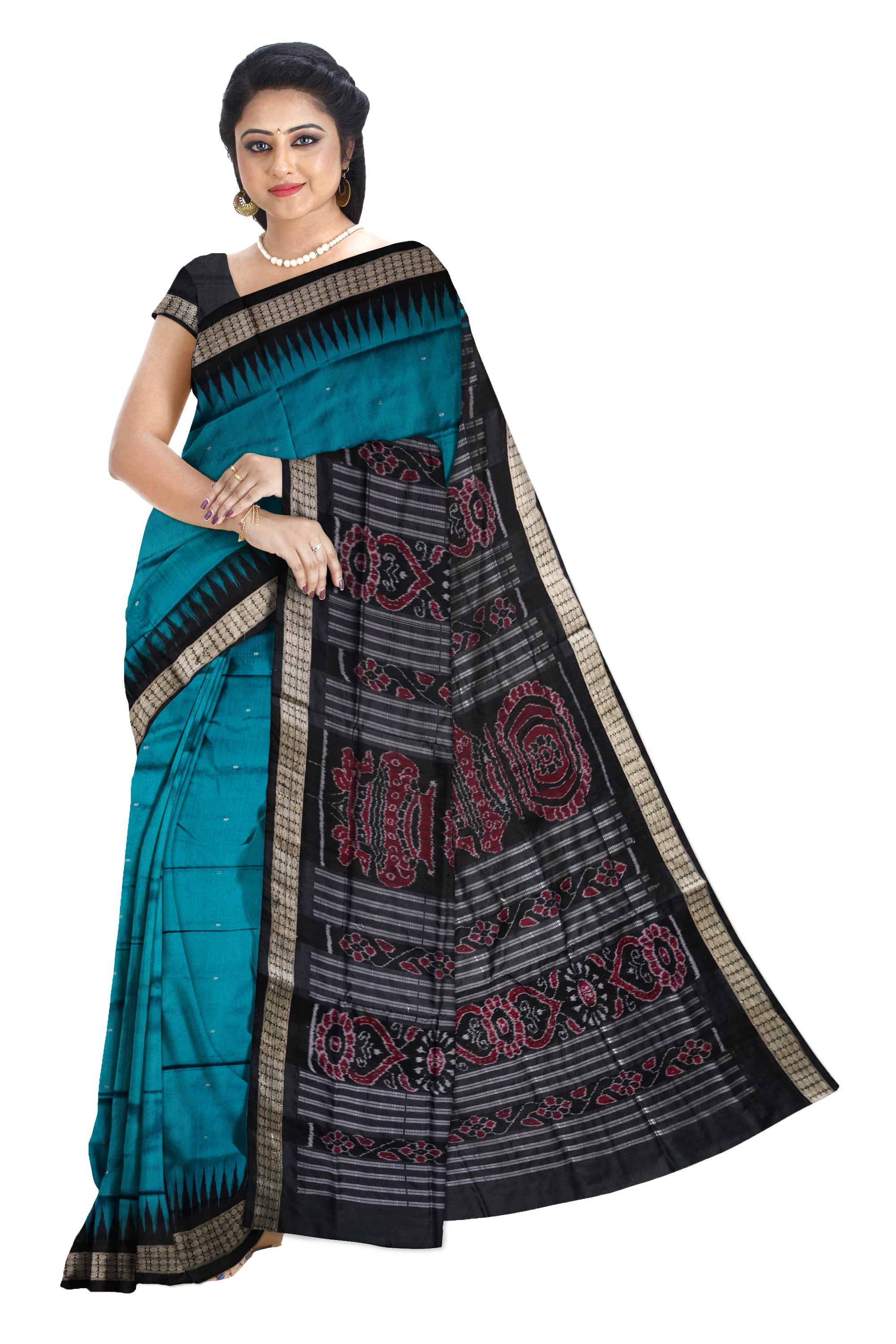 Sky-blue & Black color plain pata saree. - Koshali Arts & Crafts Enterprise