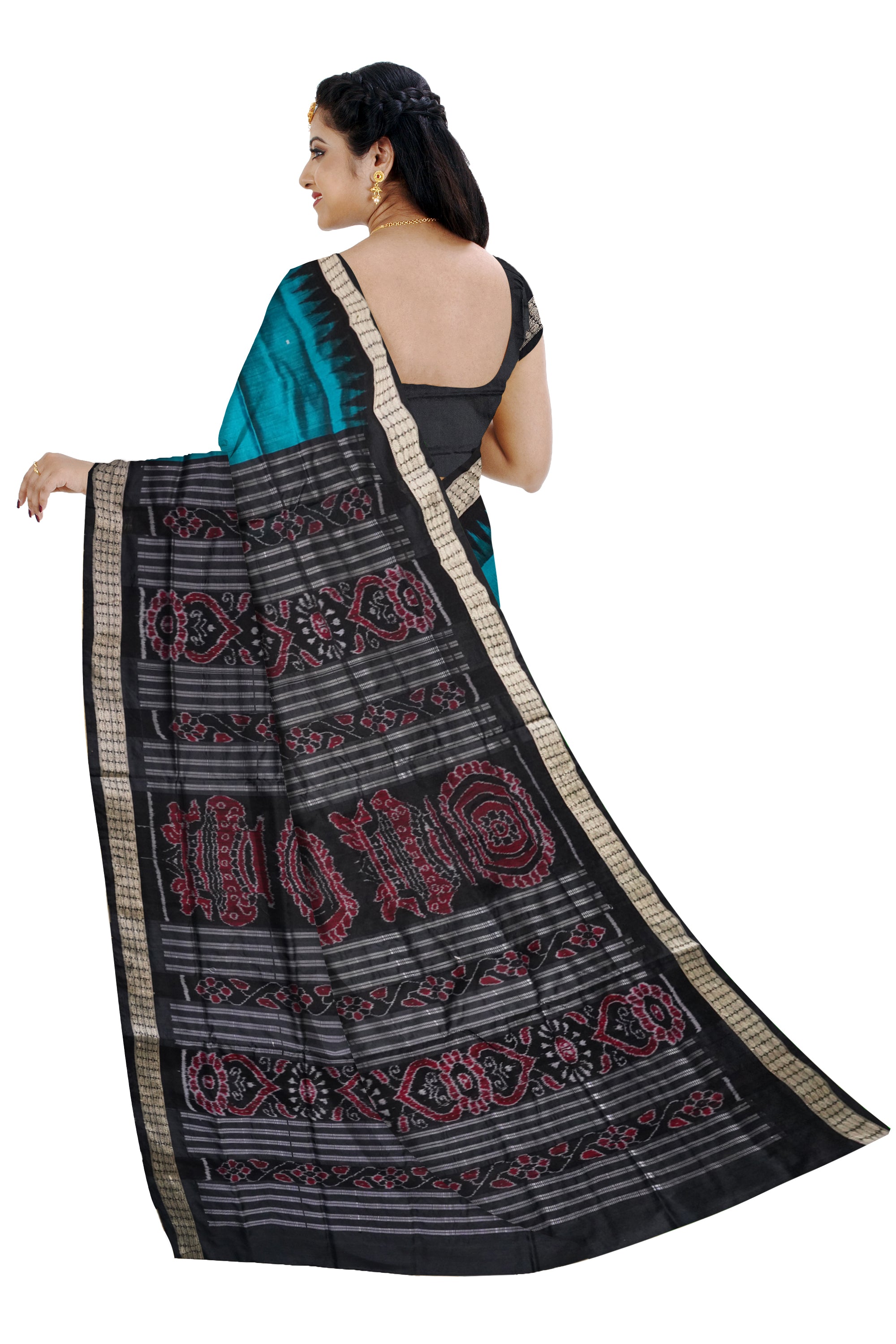 Sky-blue & Black color plain pata saree. - Koshali Arts & Crafts Enterprise
