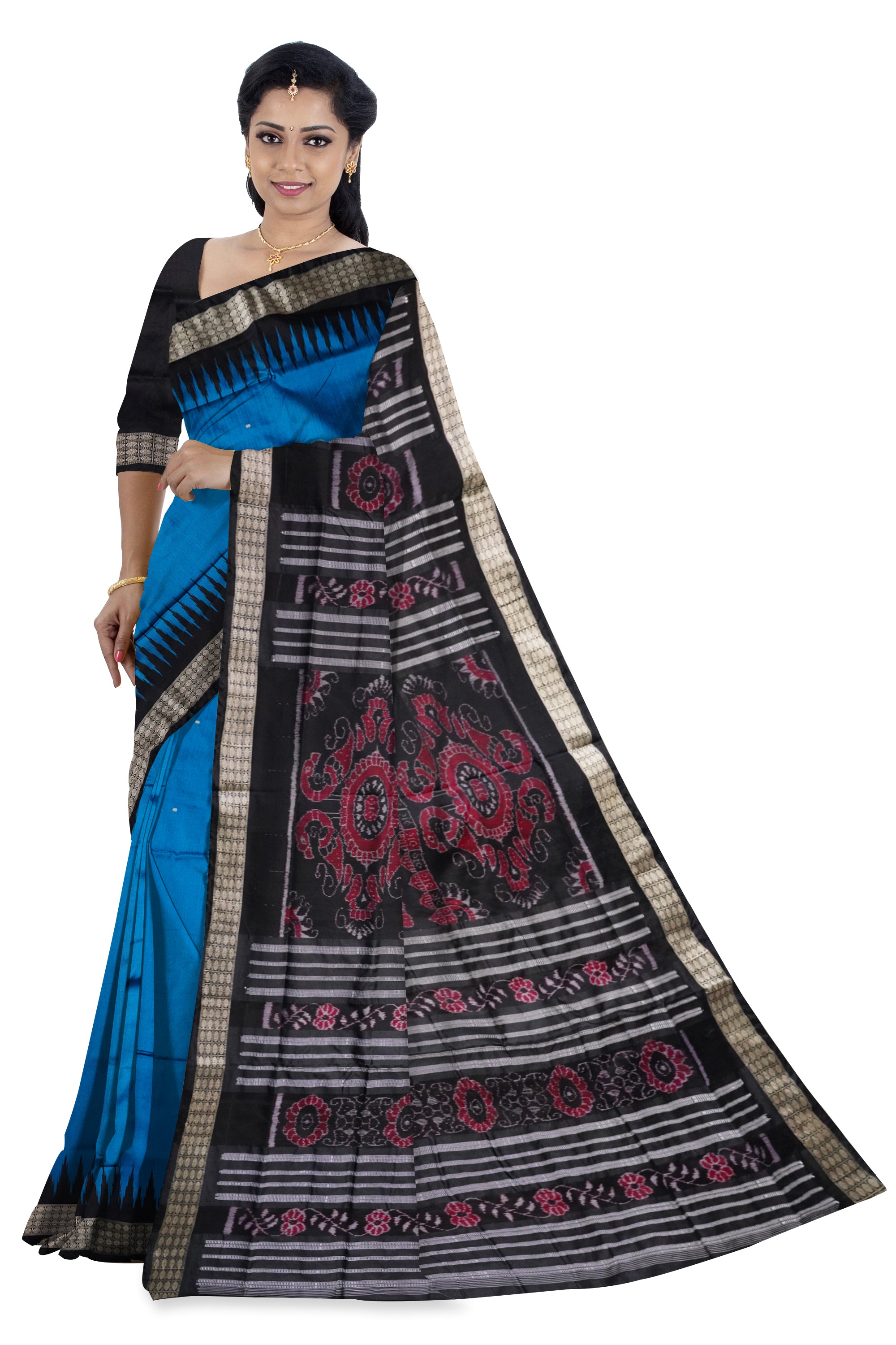 Royal blue and Black color plain pata saree. - Koshali Arts & Crafts Enterprise