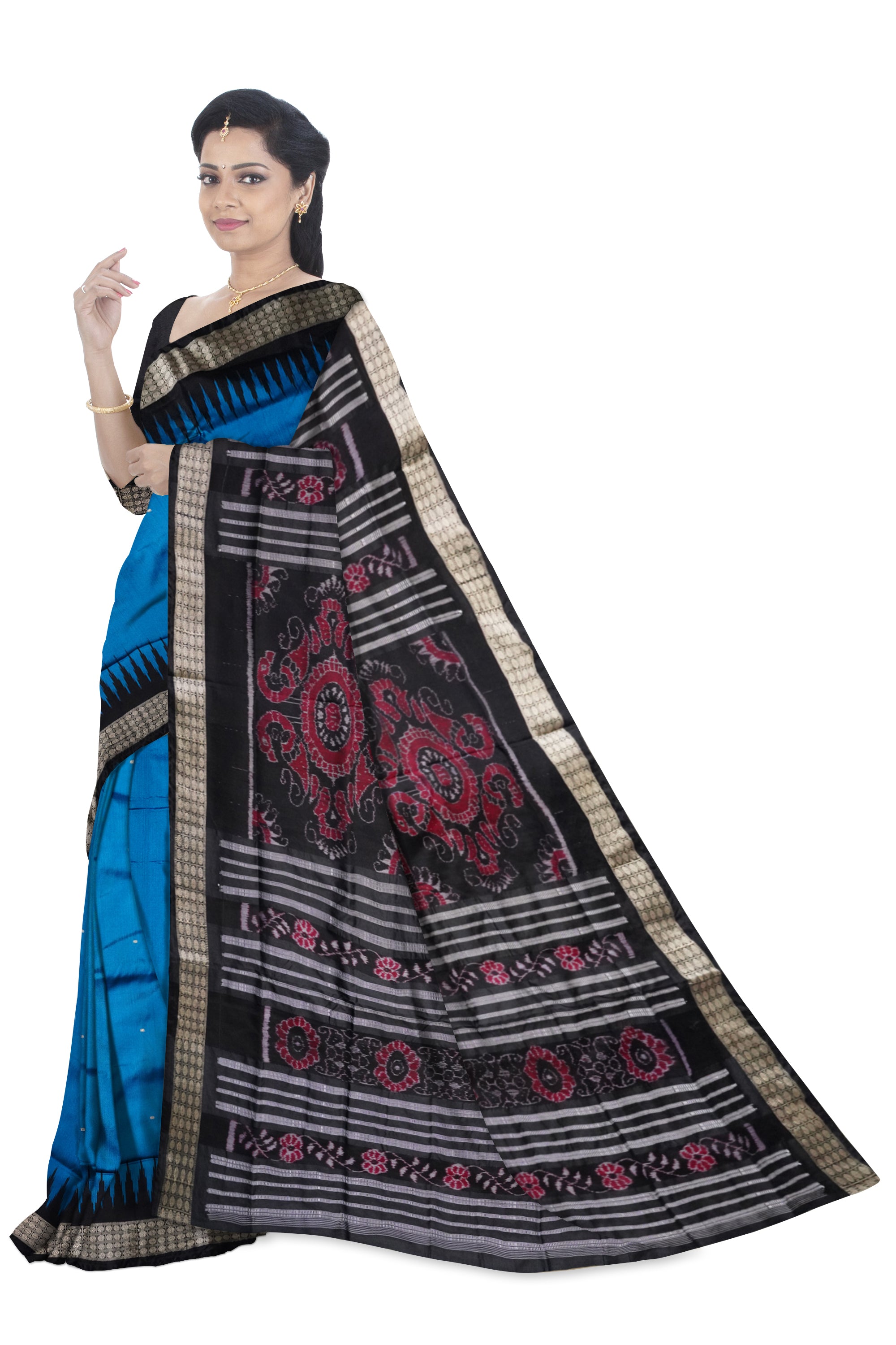 Royal blue and Black color plain pata saree. - Koshali Arts & Crafts Enterprise