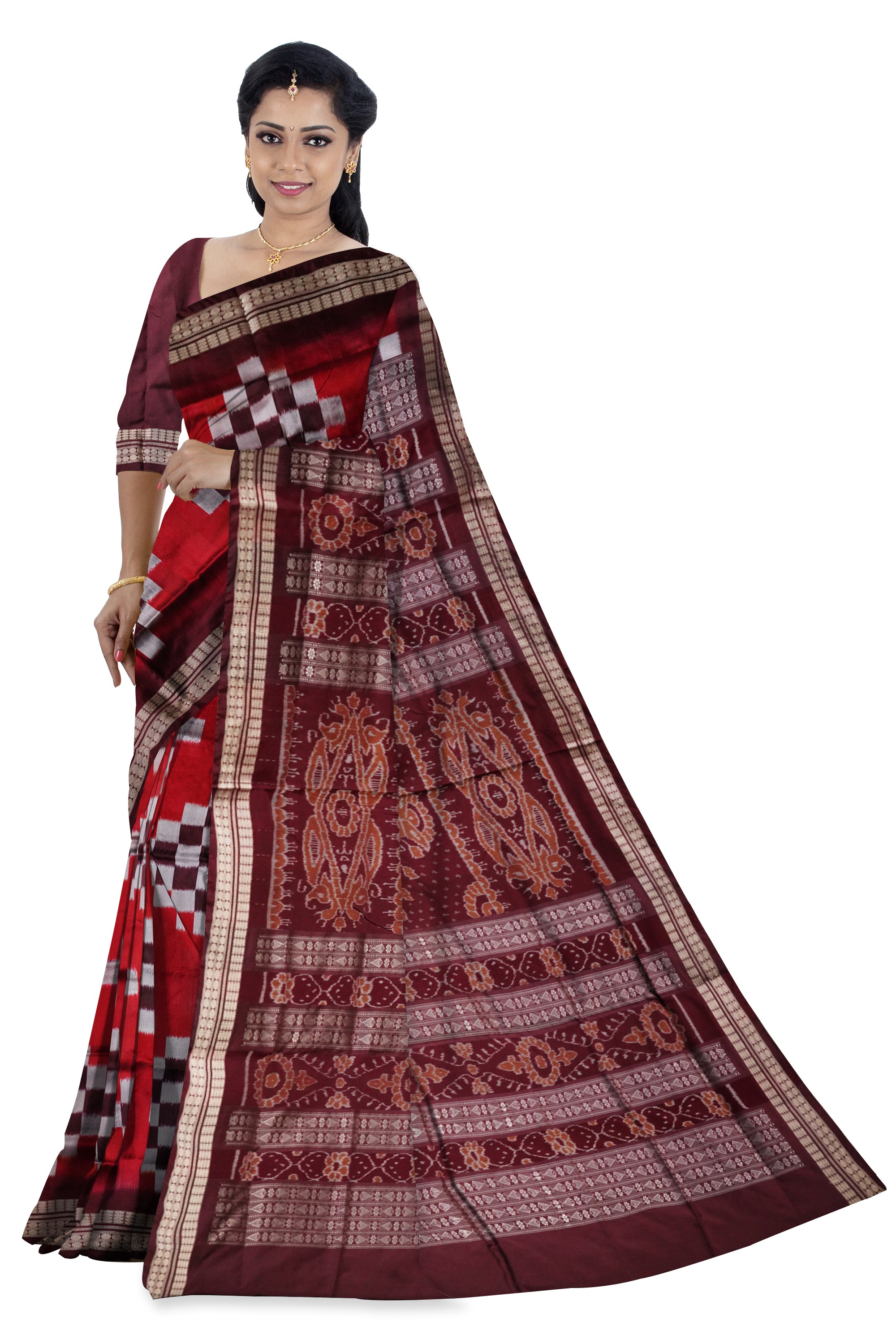 Full body pasapali sambalpuri  pata saree in maroon and coffee colour . - Koshali Arts & Crafts Enterprise