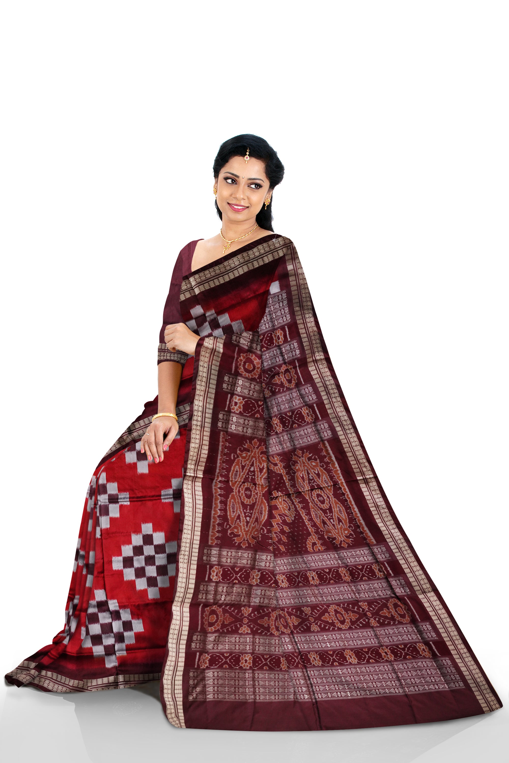 Full body pasapali sambalpuri  pata saree in maroon and coffee colour . - Koshali Arts & Crafts Enterprise