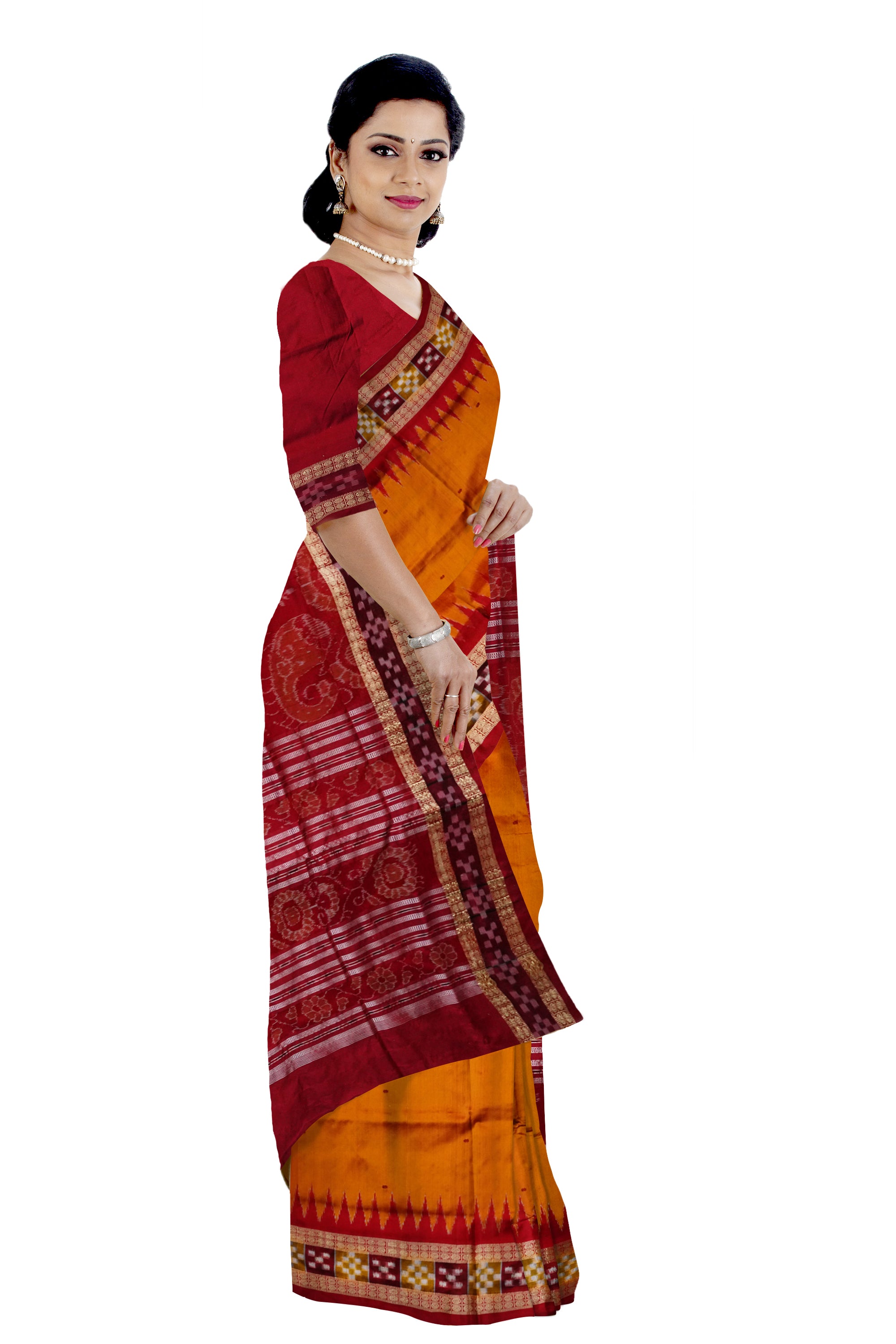 Yellow and Maroon colour dhadi pasapali pata saree. - Koshali Arts & Crafts Enterprise