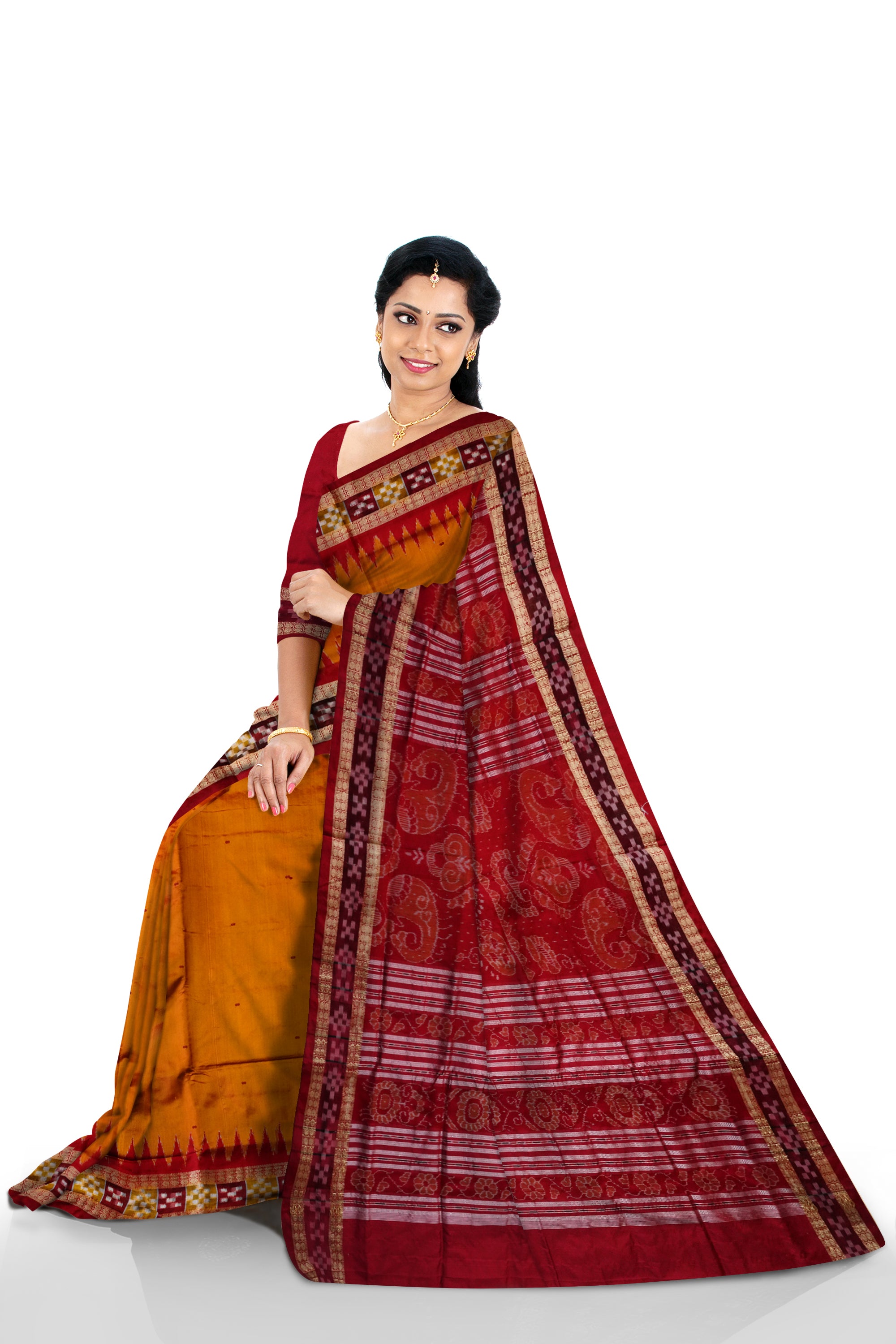 Yellow and Maroon colour dhadi pasapali pata saree. - Koshali Arts & Crafts Enterprise