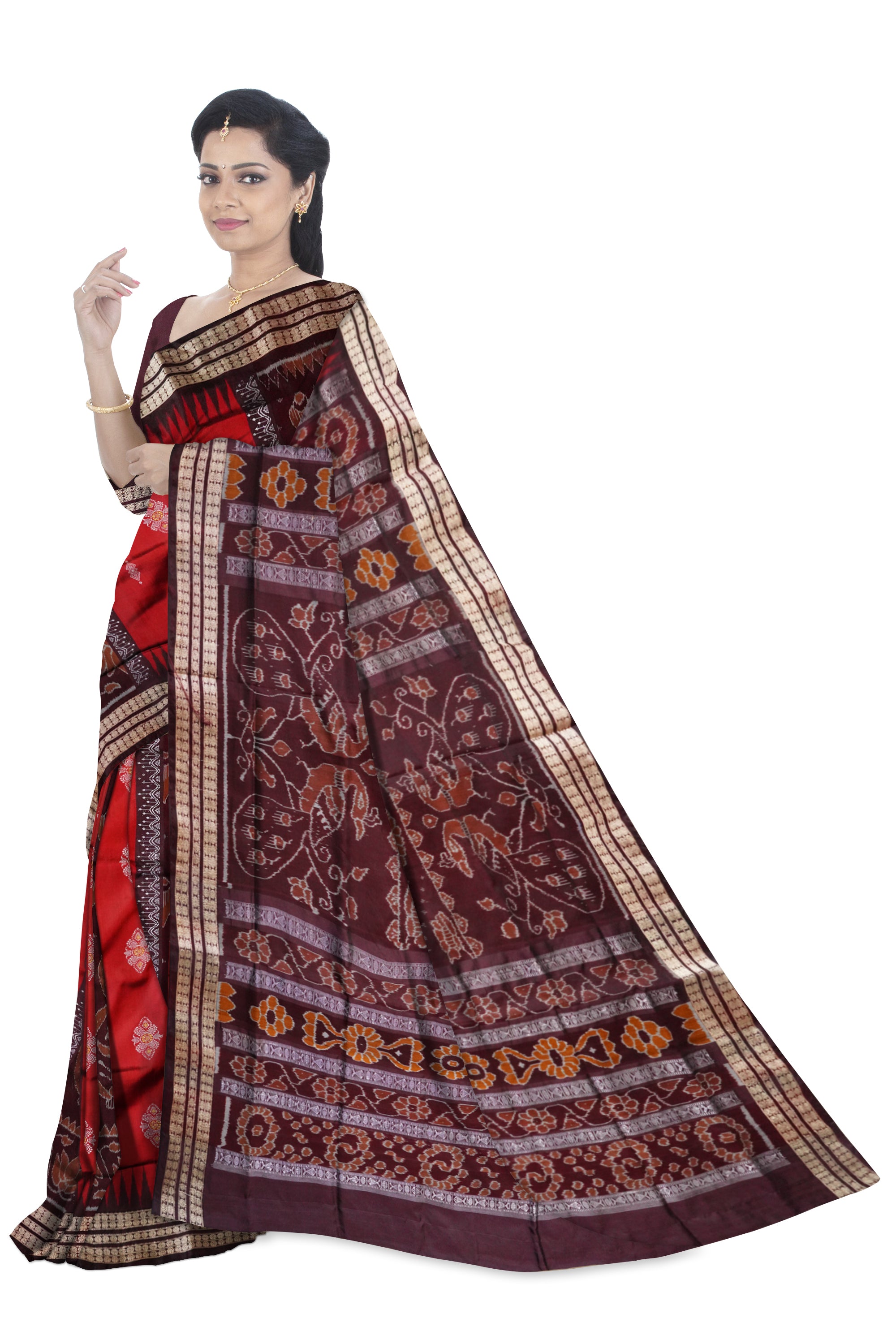 New bandha pere pere  sambalpuri pata saree in maroon and coffee colour . - Koshali Arts & Crafts Enterprise