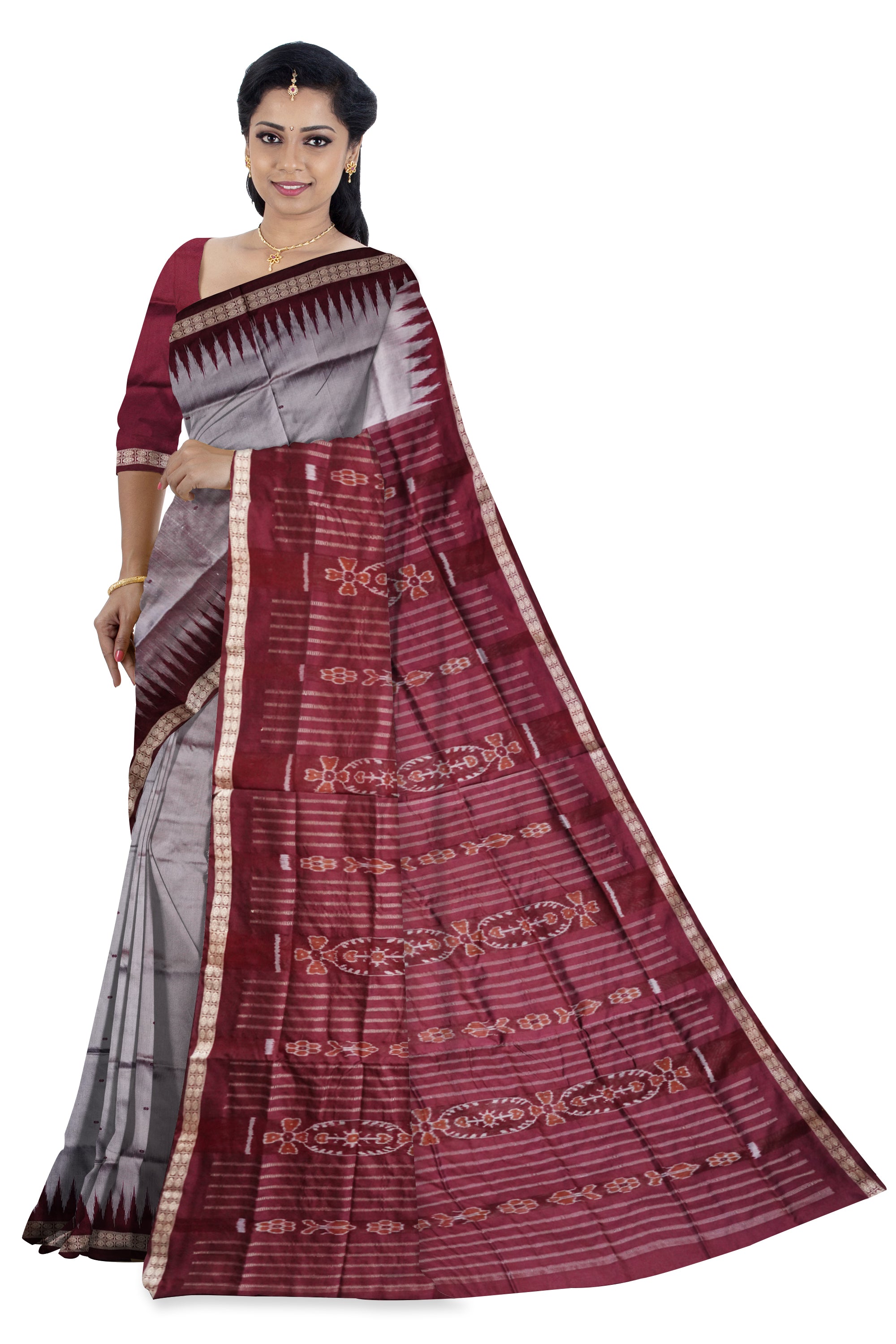 Plain bandha pattern  pata saree in silver and coffee colour. - Koshali Arts & Crafts Enterprise
