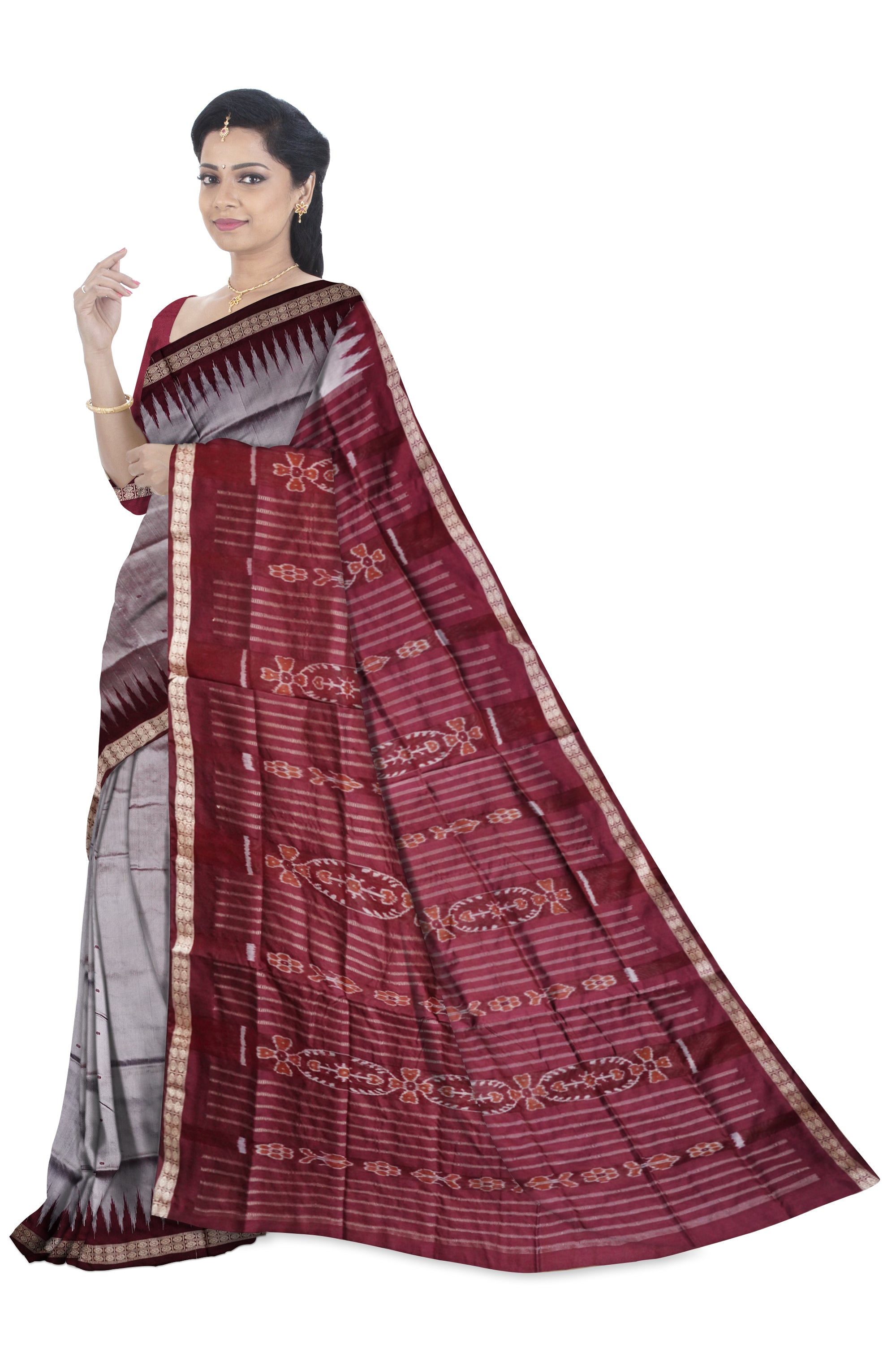 Plain bandha pattern  pata saree in silver and coffee colour. - Koshali Arts & Crafts Enterprise