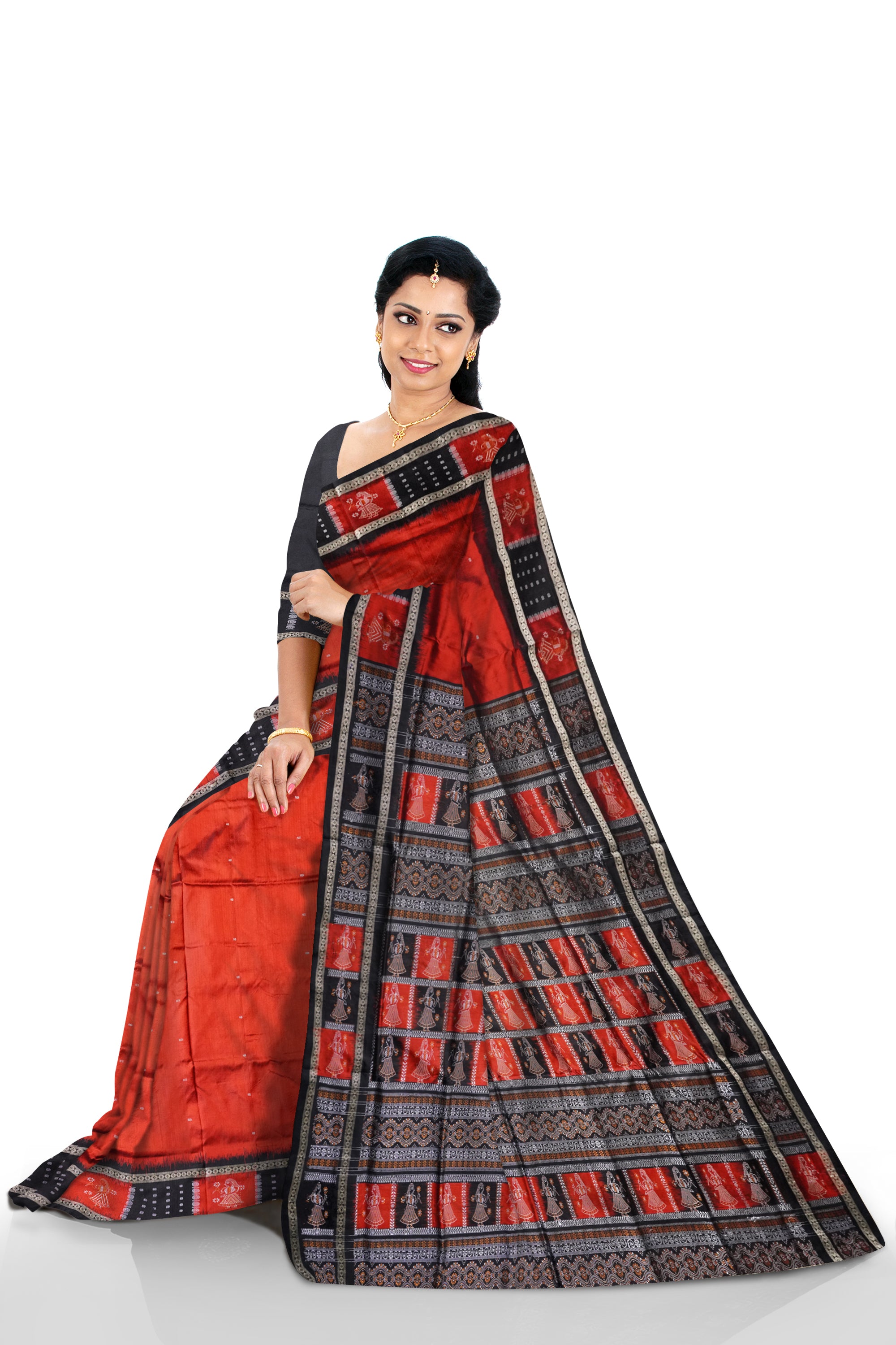 Plain doll pattern pata saree in Red and Black. - Koshali Arts & Crafts Enterprise