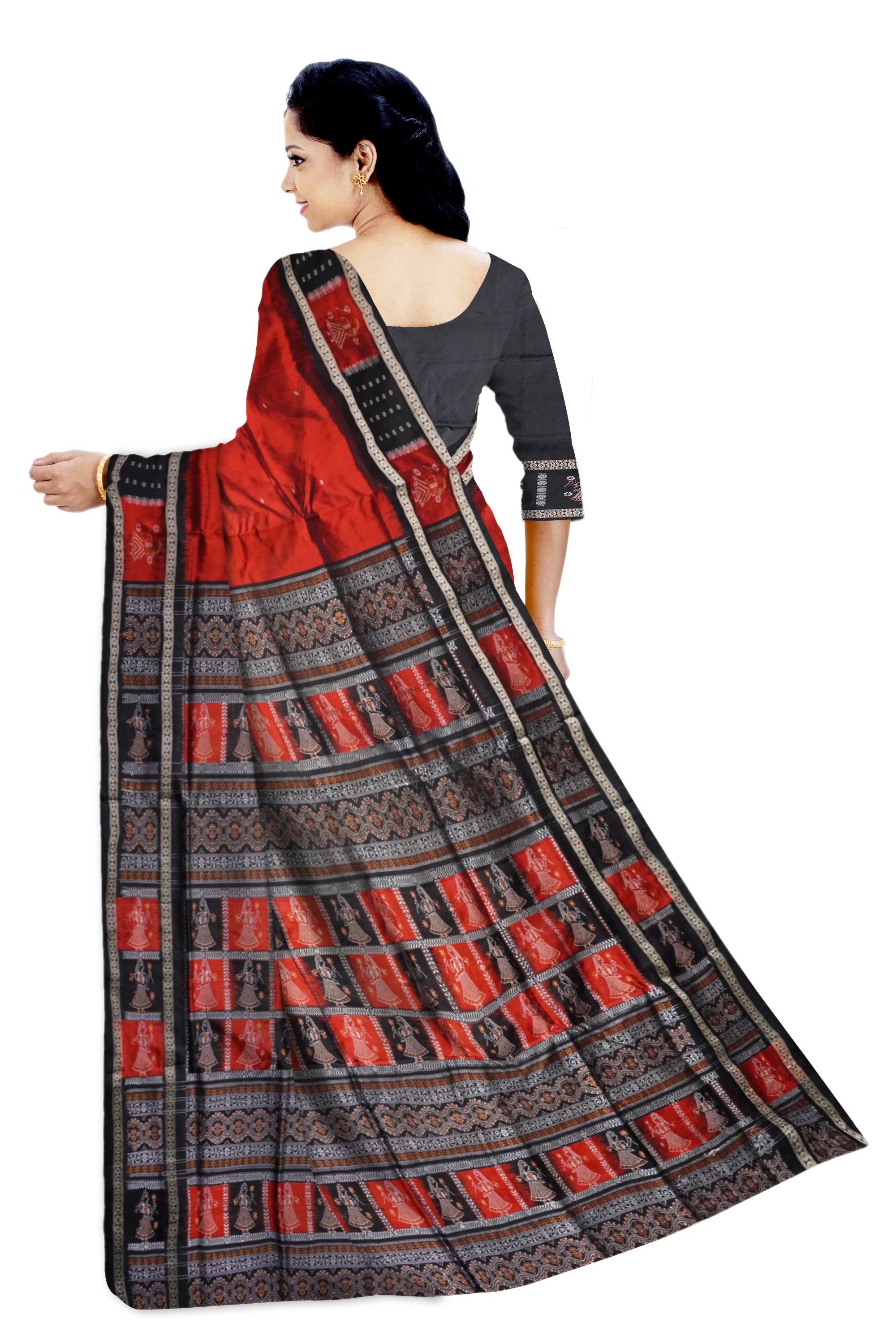 Plain doll pattern pata saree in Red and Black. - Koshali Arts & Crafts Enterprise