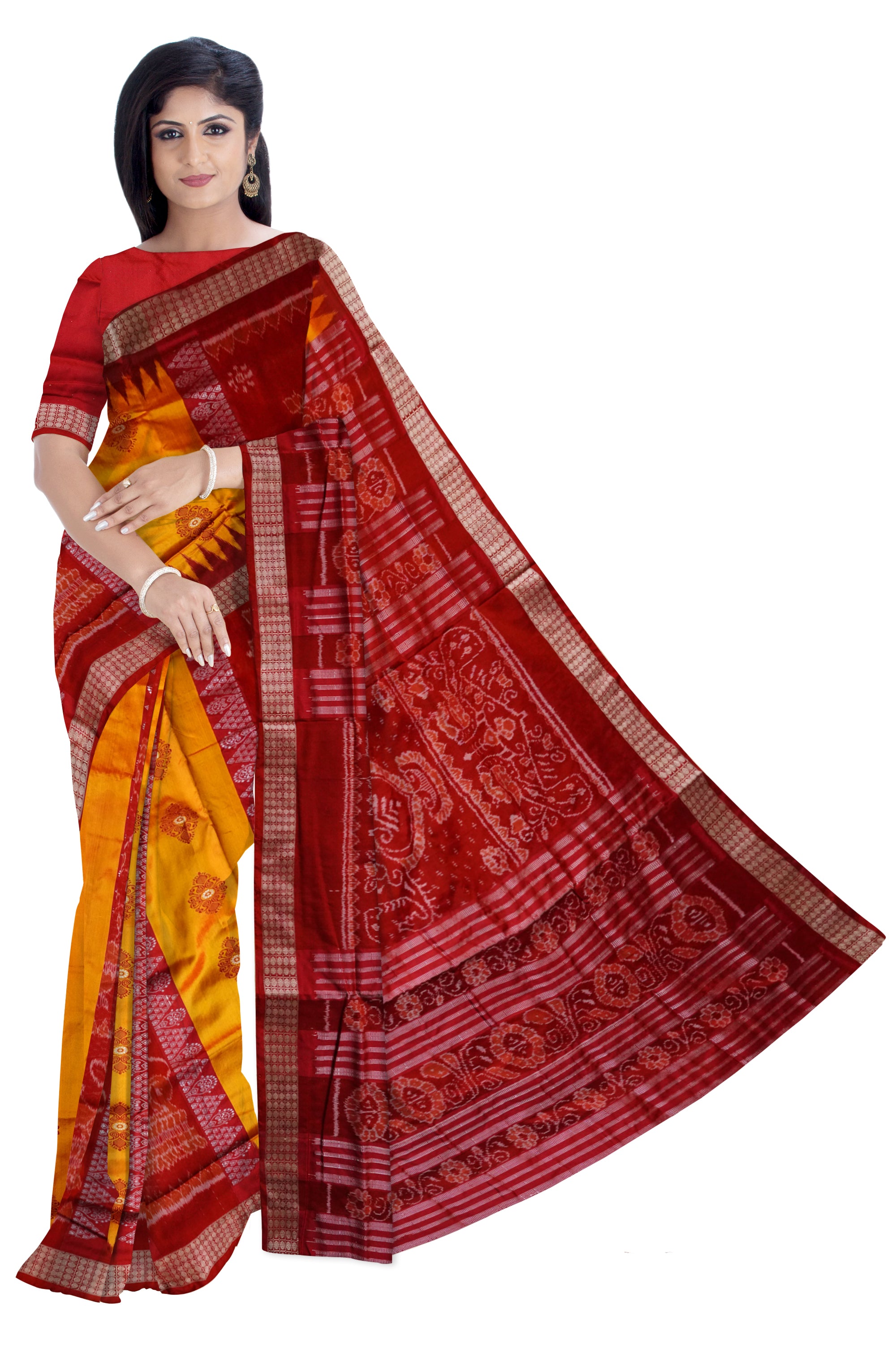 Bandha pere pere sambalpuri pata saree in Yellow and red colour. - Koshali Arts & Crafts Enterprise