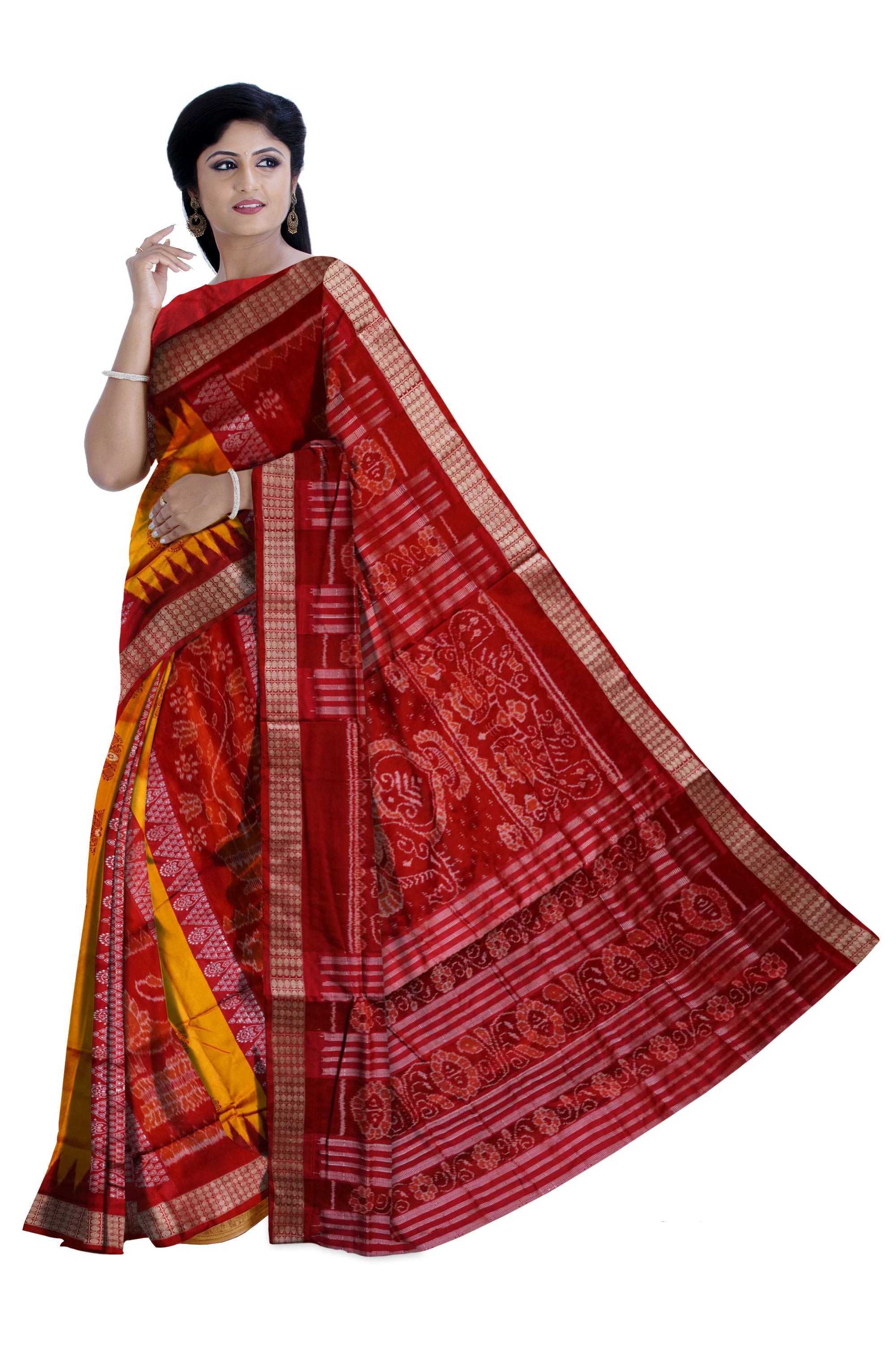 Bandha pere pere sambalpuri pata saree in Yellow and red colour. - Koshali Arts & Crafts Enterprise