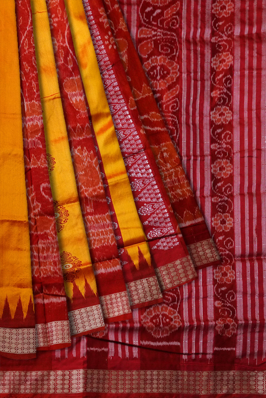 Bandha pere pere sambalpuri pata saree in Yellow and red colour. - Koshali Arts & Crafts Enterprise