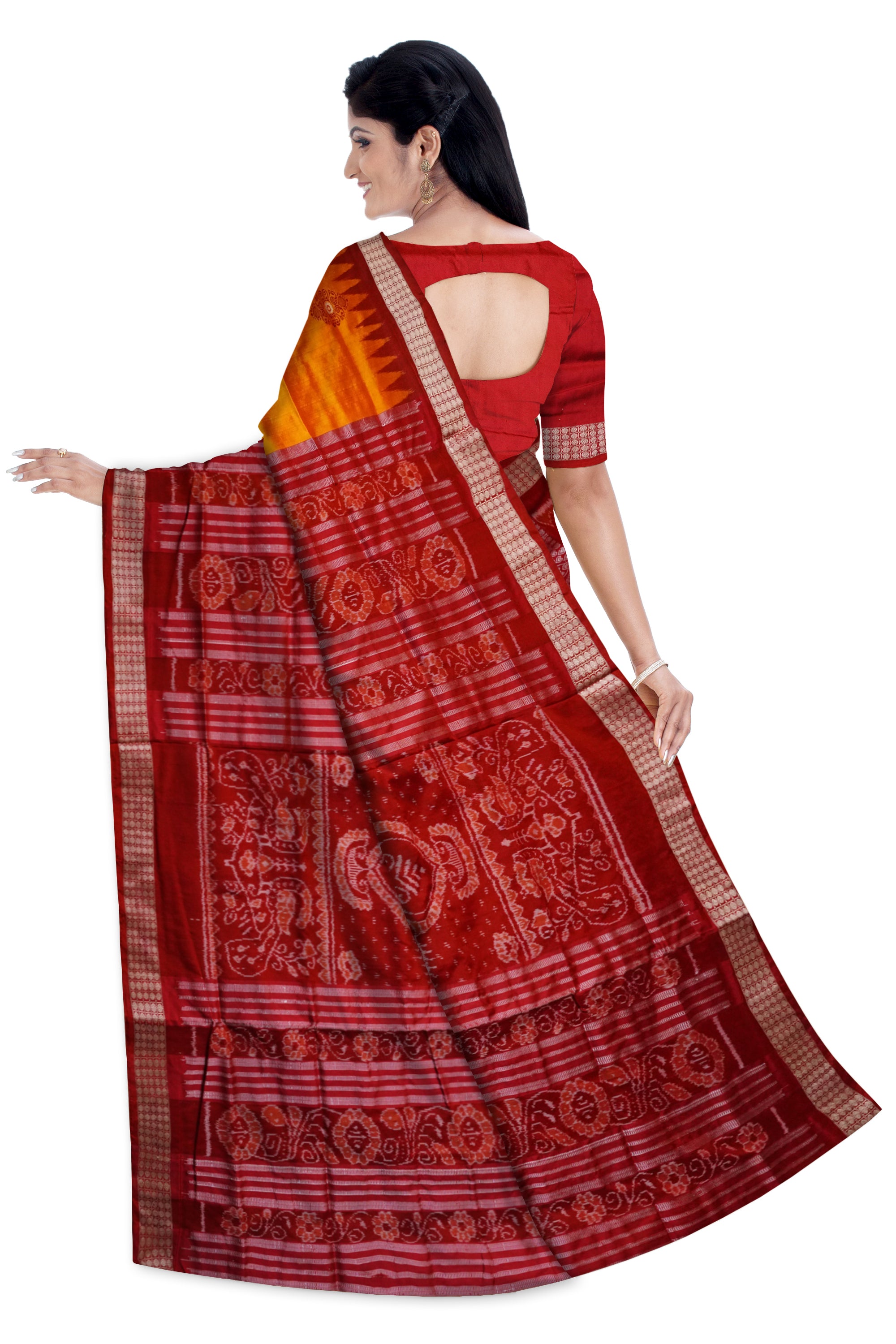 Bandha pere pere sambalpuri pata saree in Yellow and red colour. - Koshali Arts & Crafts Enterprise