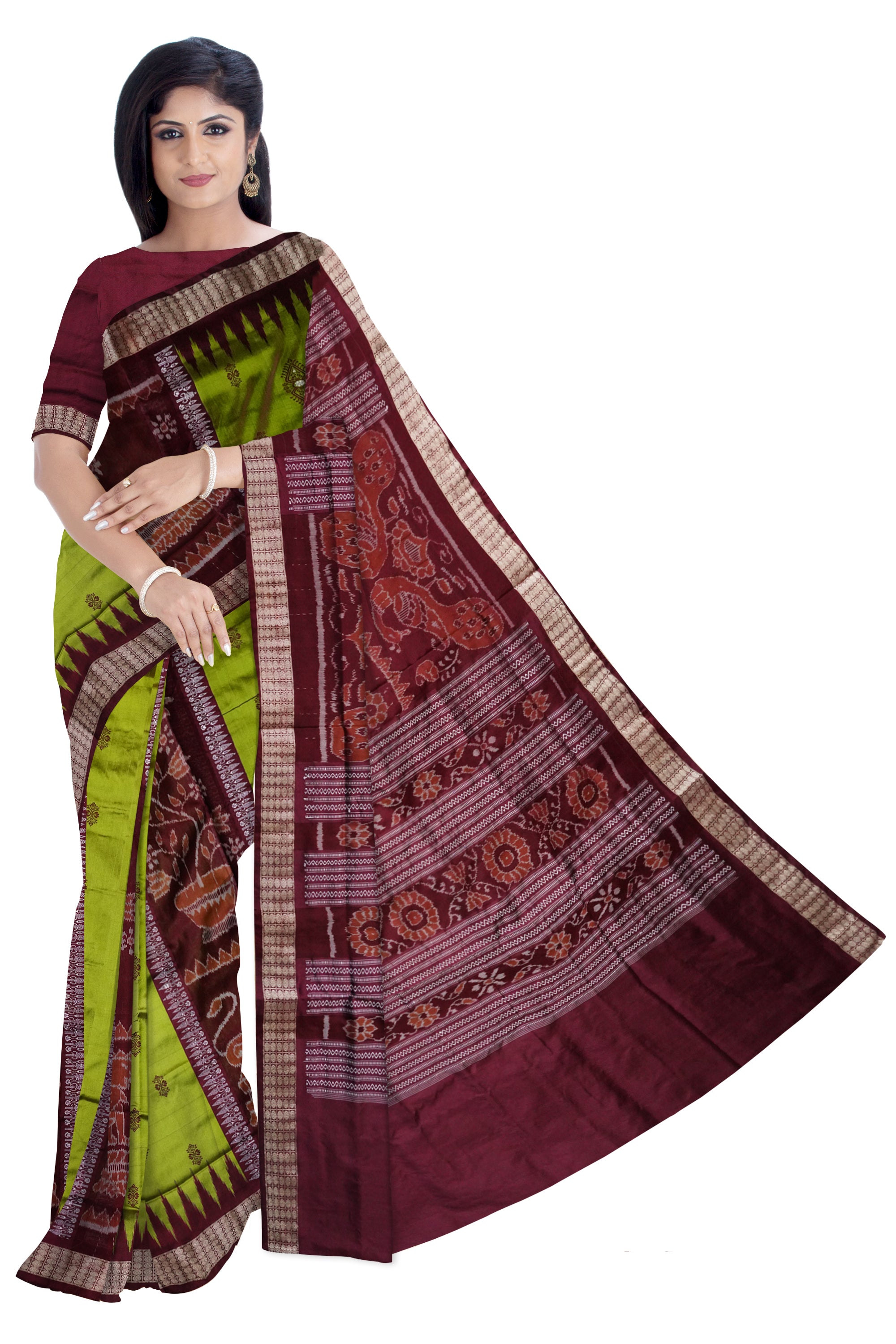 Bandha pere pere sambalpuri pata saree in Green and coffee colour. - Koshali Arts & Crafts Enterprise