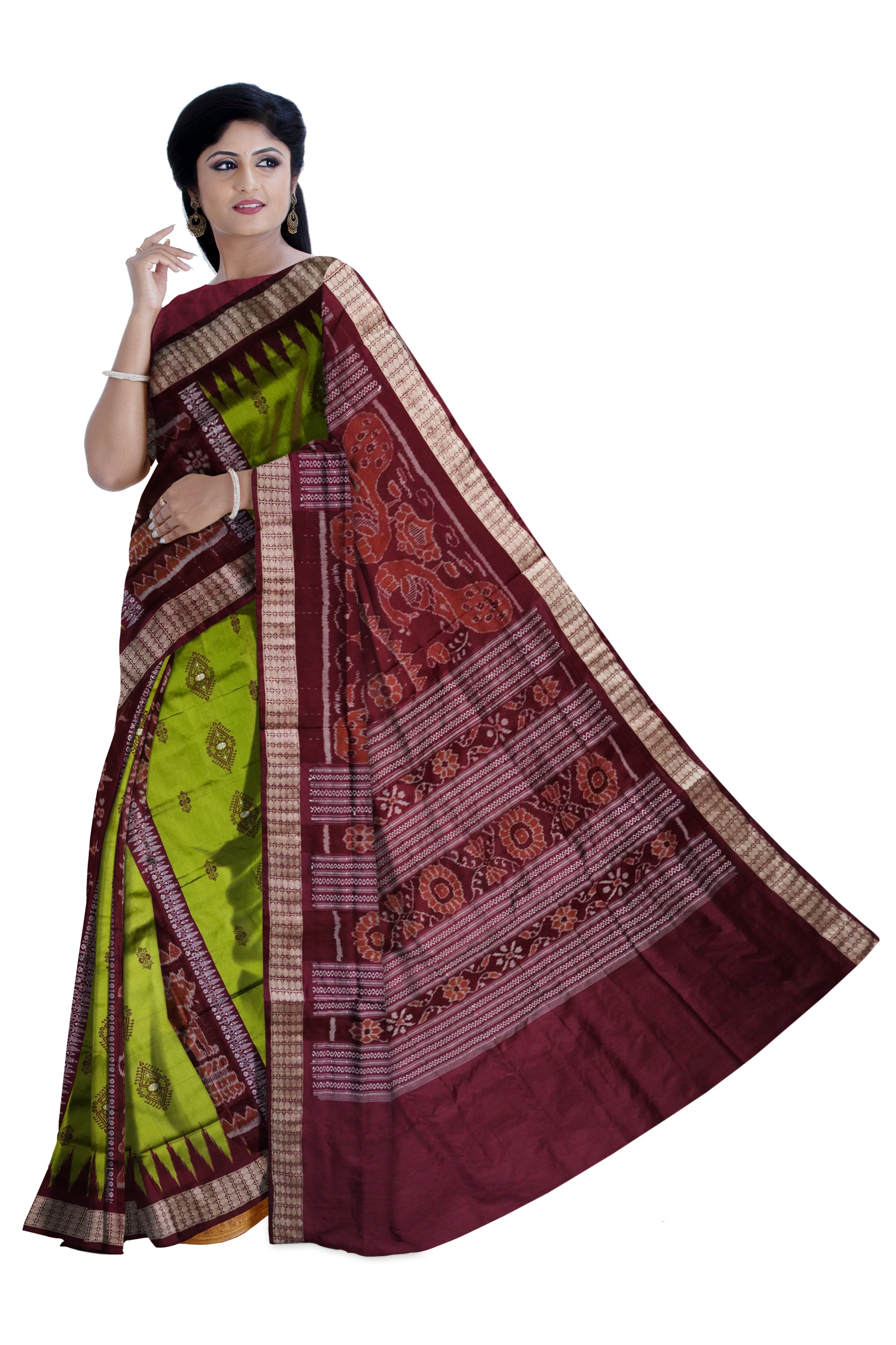 Bandha pere pere sambalpuri pata saree in Green and coffee colour. - Koshali Arts & Crafts Enterprise