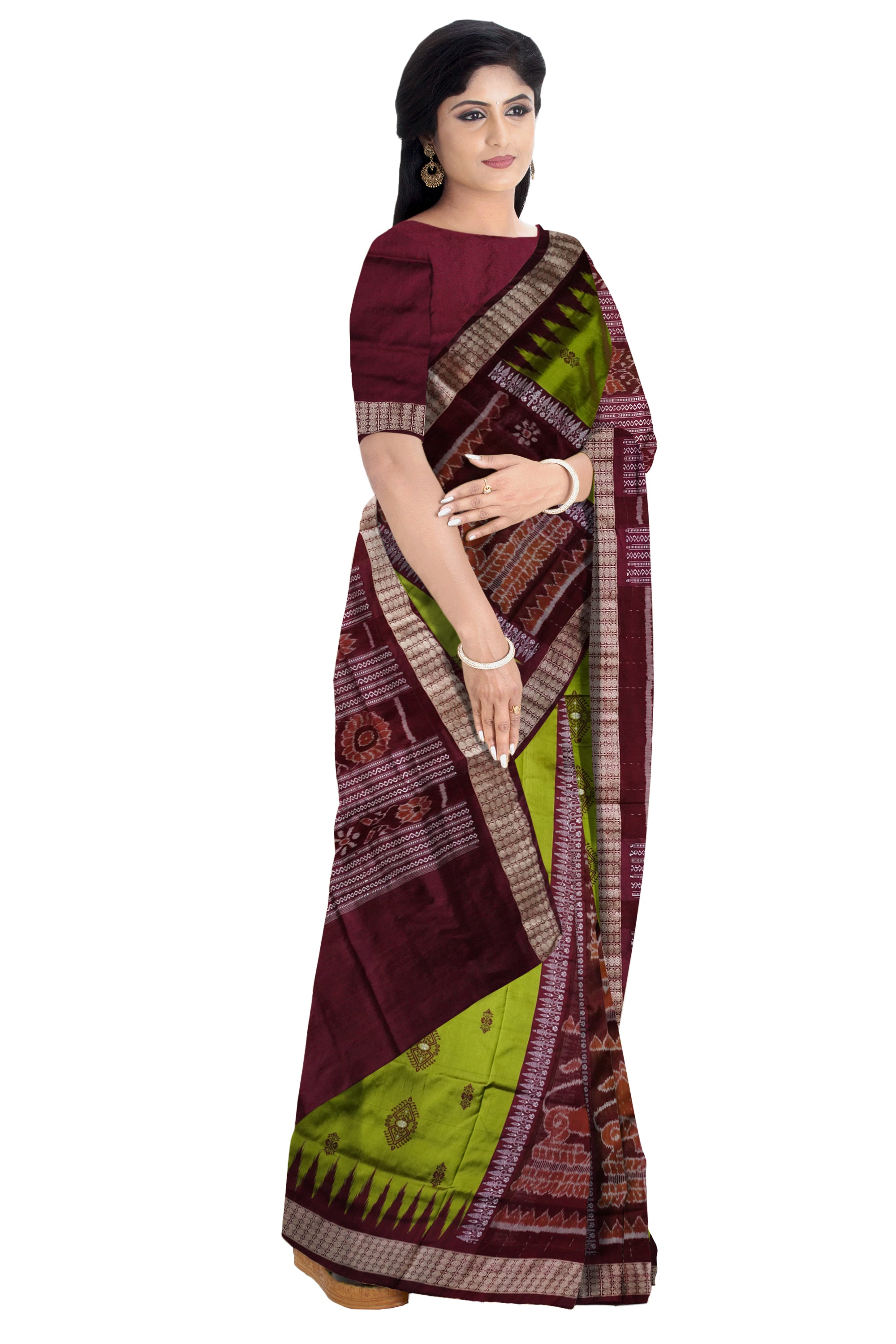 Bandha pere pere sambalpuri pata saree in Green and coffee colour. - Koshali Arts & Crafts Enterprise