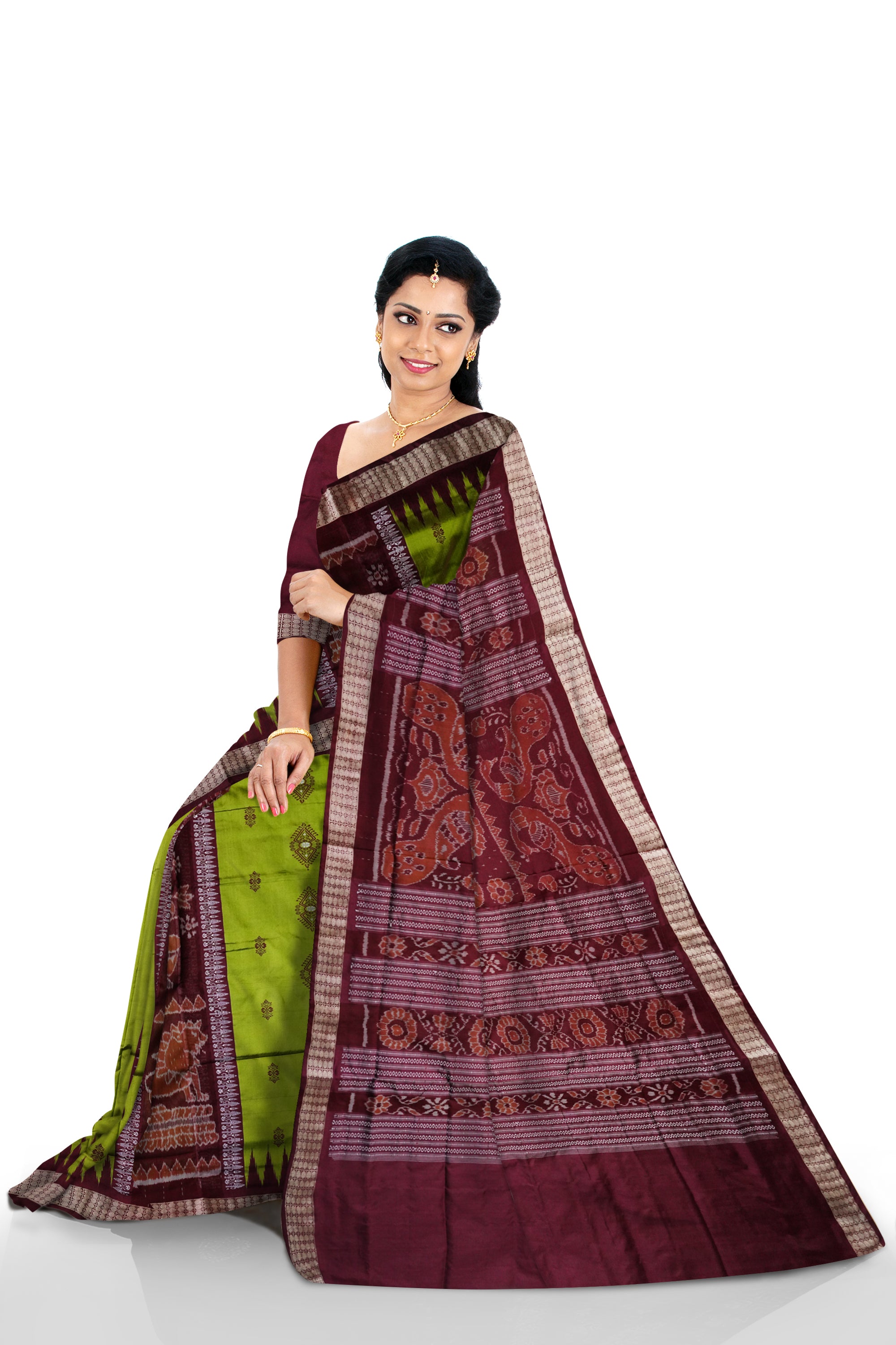 Bandha pere pere sambalpuri pata saree in Green and coffee colour. - Koshali Arts & Crafts Enterprise