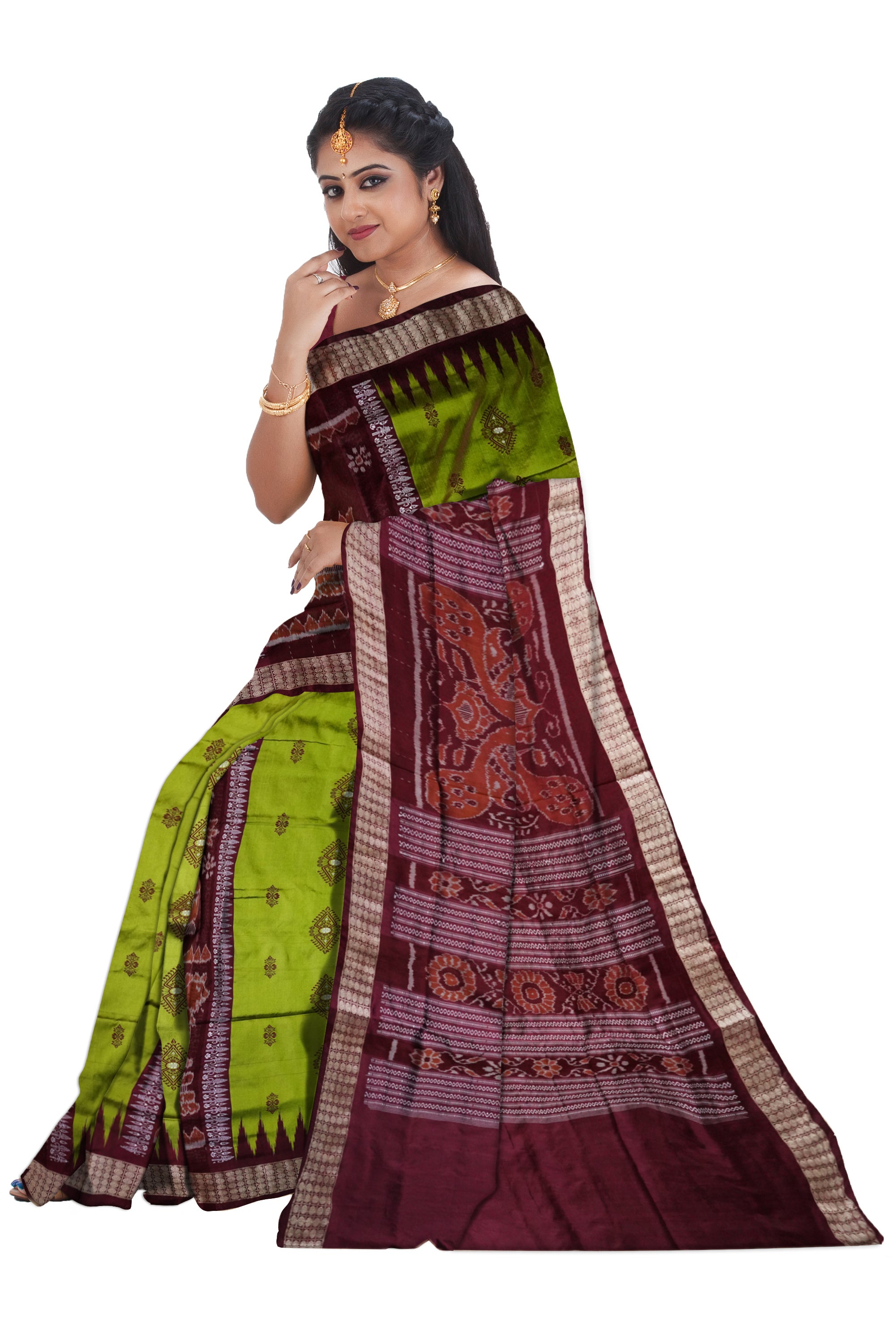 Bandha pere pere sambalpuri pata saree in Green and coffee colour. - Koshali Arts & Crafts Enterprise