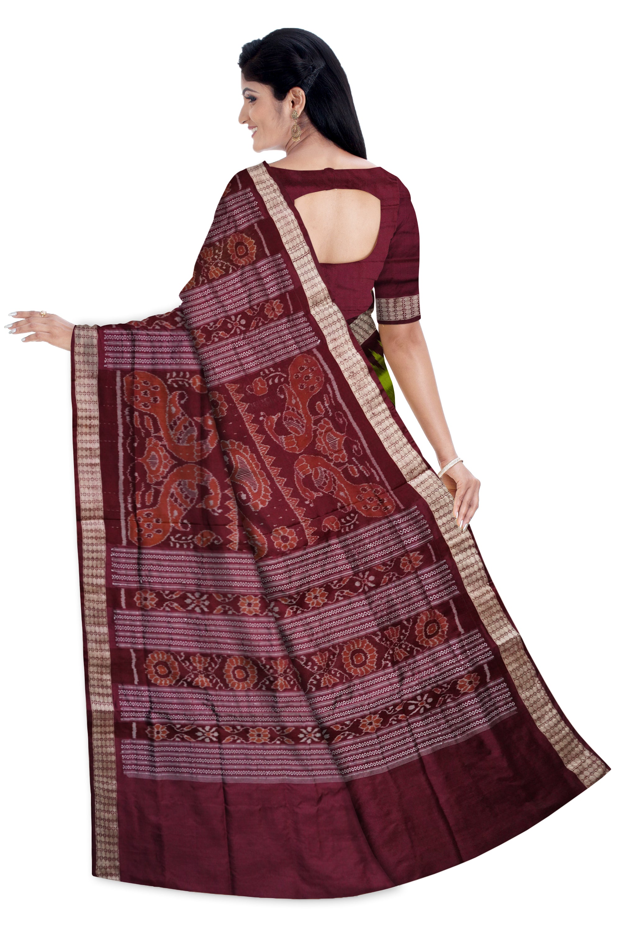 Bandha pere pere sambalpuri pata saree in Green and coffee colour. - Koshali Arts & Crafts Enterprise