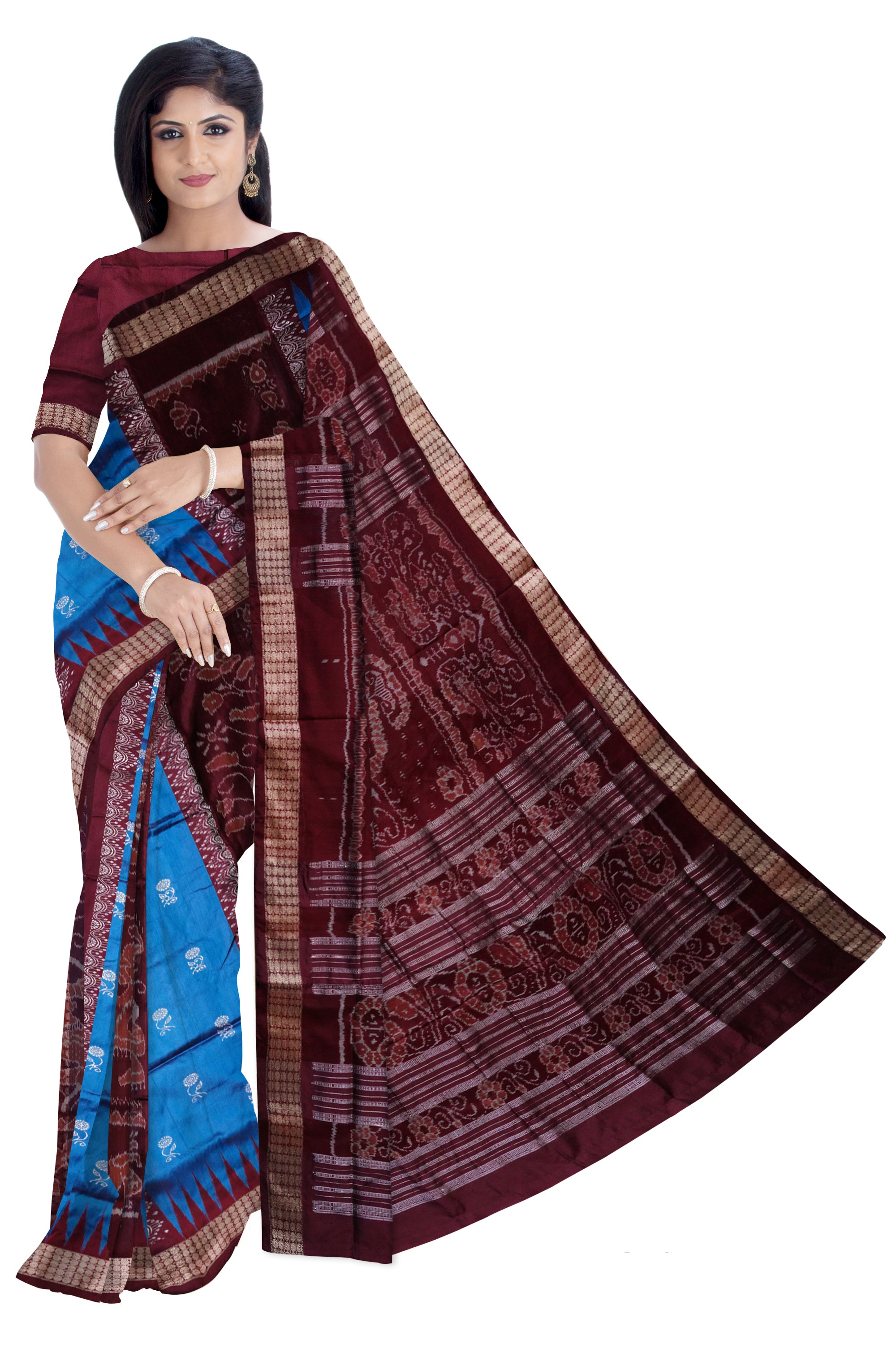 Nartaki pattern bomkei  pata saree in sky and coffee color. - Koshali Arts & Crafts Enterprise