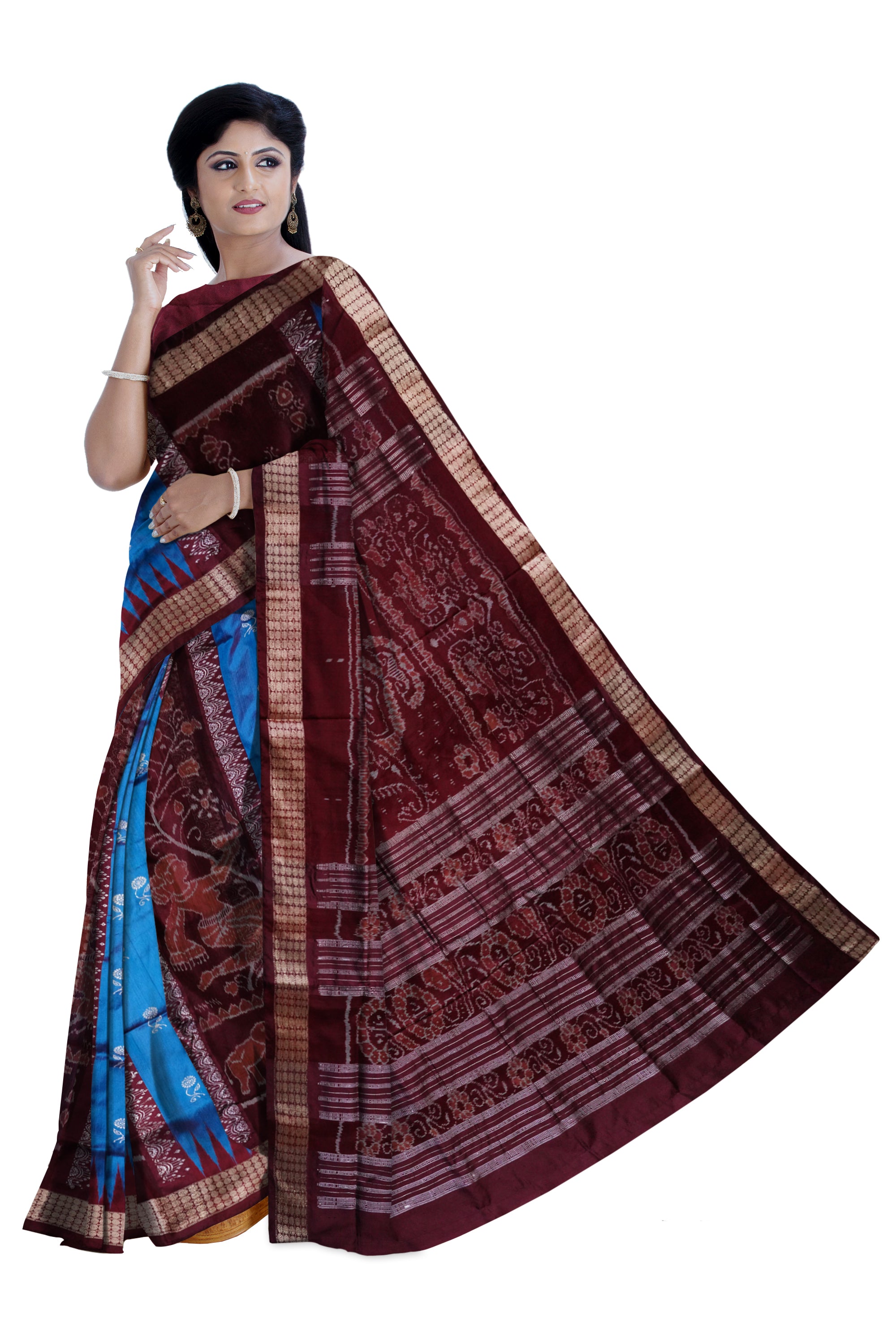 Nartaki pattern bomkei  pata saree in sky and coffee color. - Koshali Arts & Crafts Enterprise