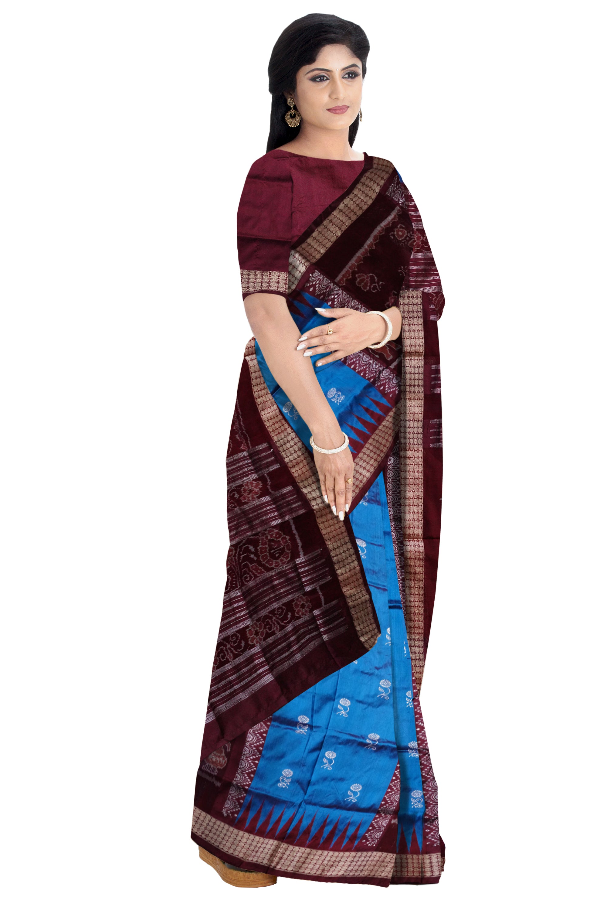 Nartaki pattern bomkei  pata saree in sky and coffee color. - Koshali Arts & Crafts Enterprise