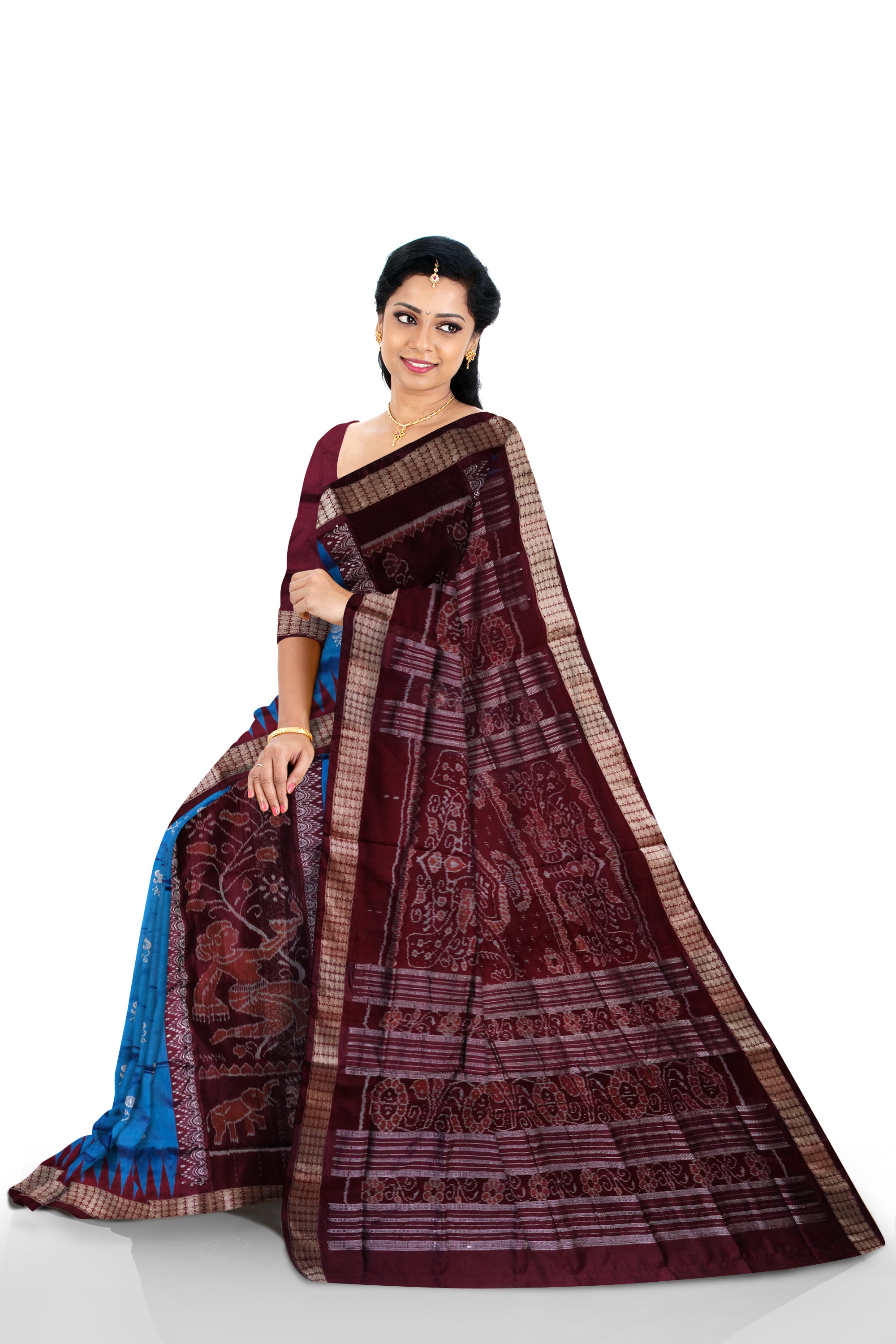 Nartaki pattern bomkei  pata saree in sky and coffee color. - Koshali Arts & Crafts Enterprise