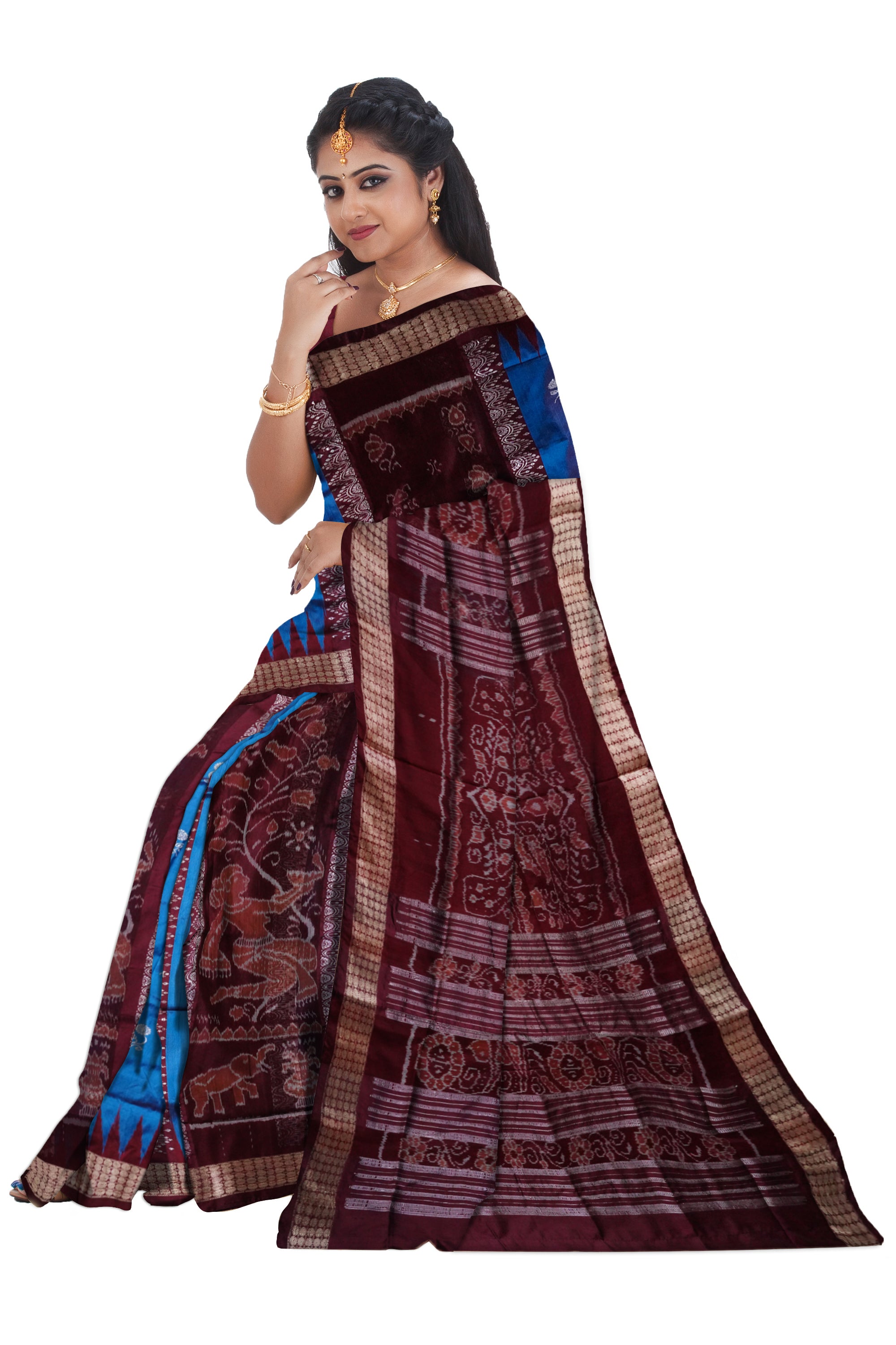 Nartaki pattern bomkei  pata saree in sky and coffee color. - Koshali Arts & Crafts Enterprise