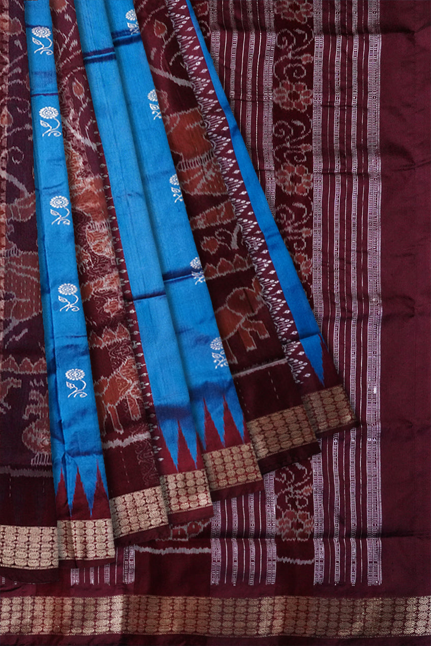 Nartaki pattern bomkei  pata saree in sky and coffee color. - Koshali Arts & Crafts Enterprise