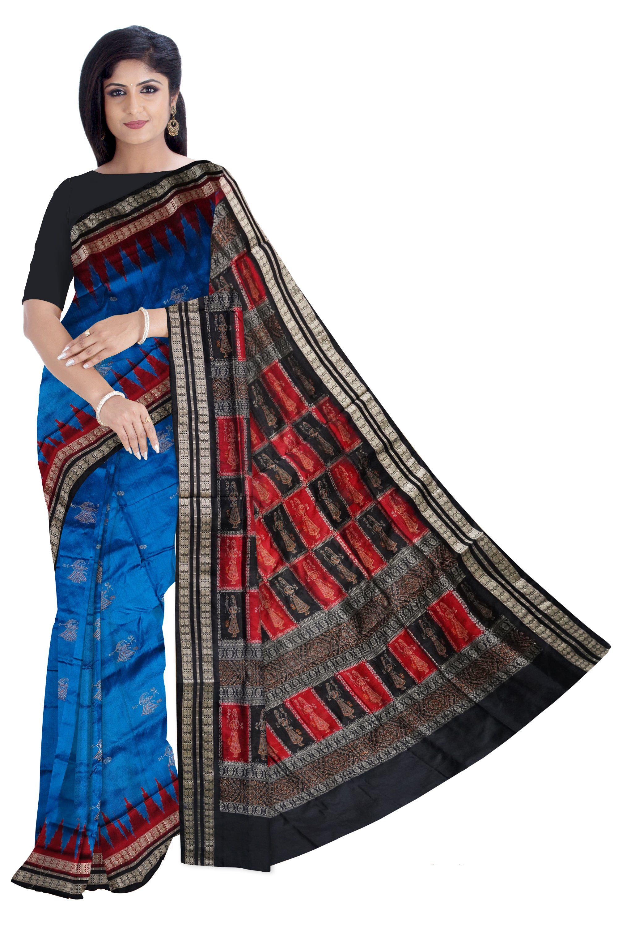 Sky blue, maroon & Black color full body with pallu doll pattern pata saree. - Koshali Arts & Crafts Enterprise