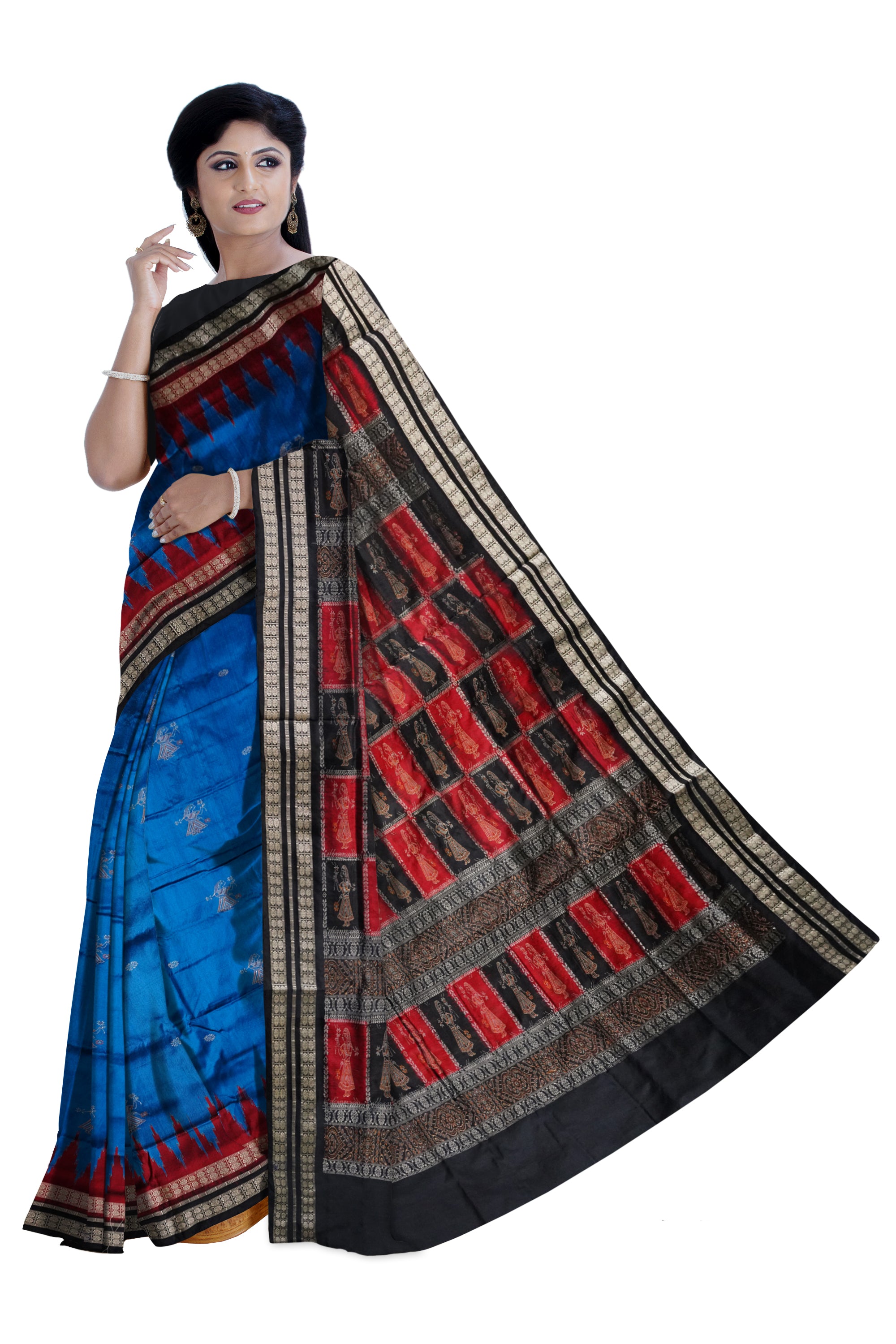 Sky blue, maroon & Black color full body with pallu doll pattern pata saree. - Koshali Arts & Crafts Enterprise