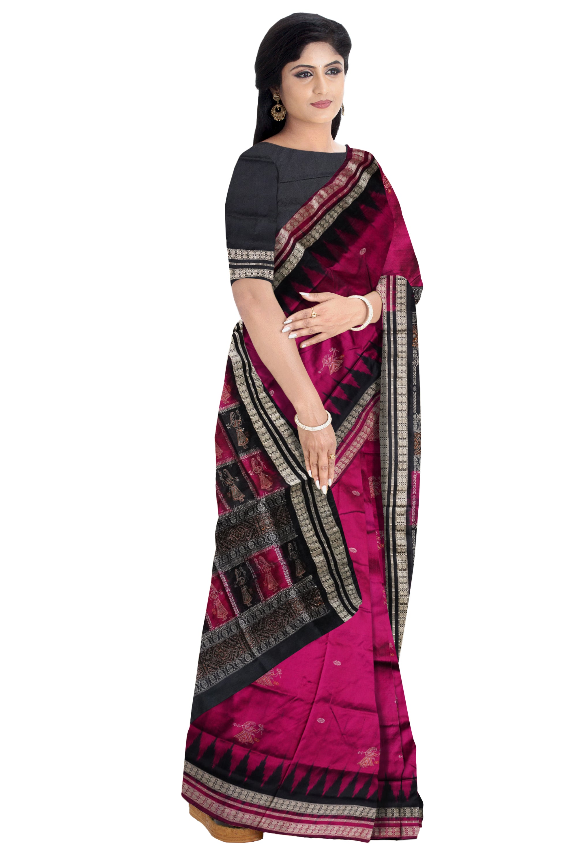 Deep pink & Black color full body with pallu doll pattern pata saree. - Koshali Arts & Crafts Enterprise