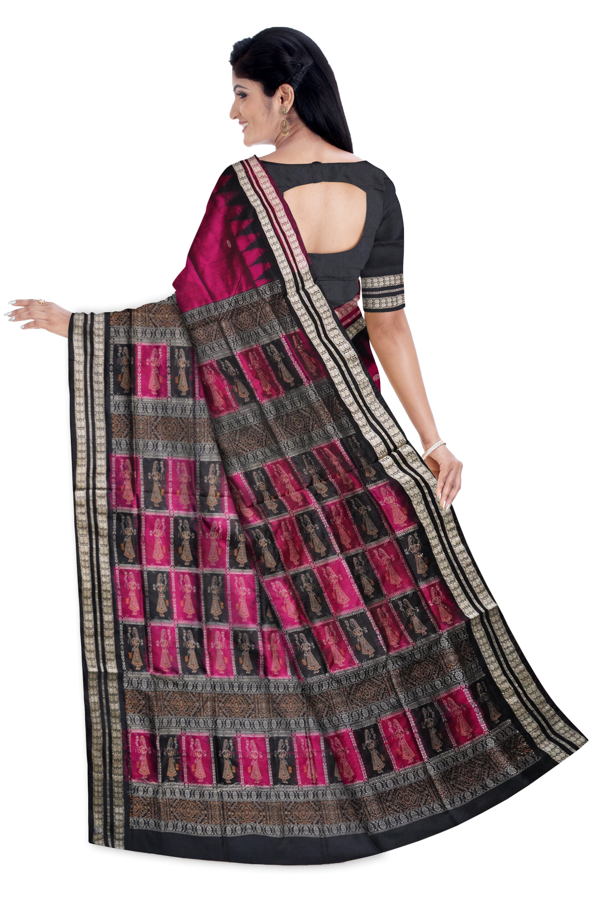 Deep pink & Black color full body with pallu doll pattern pata saree. - Koshali Arts & Crafts Enterprise