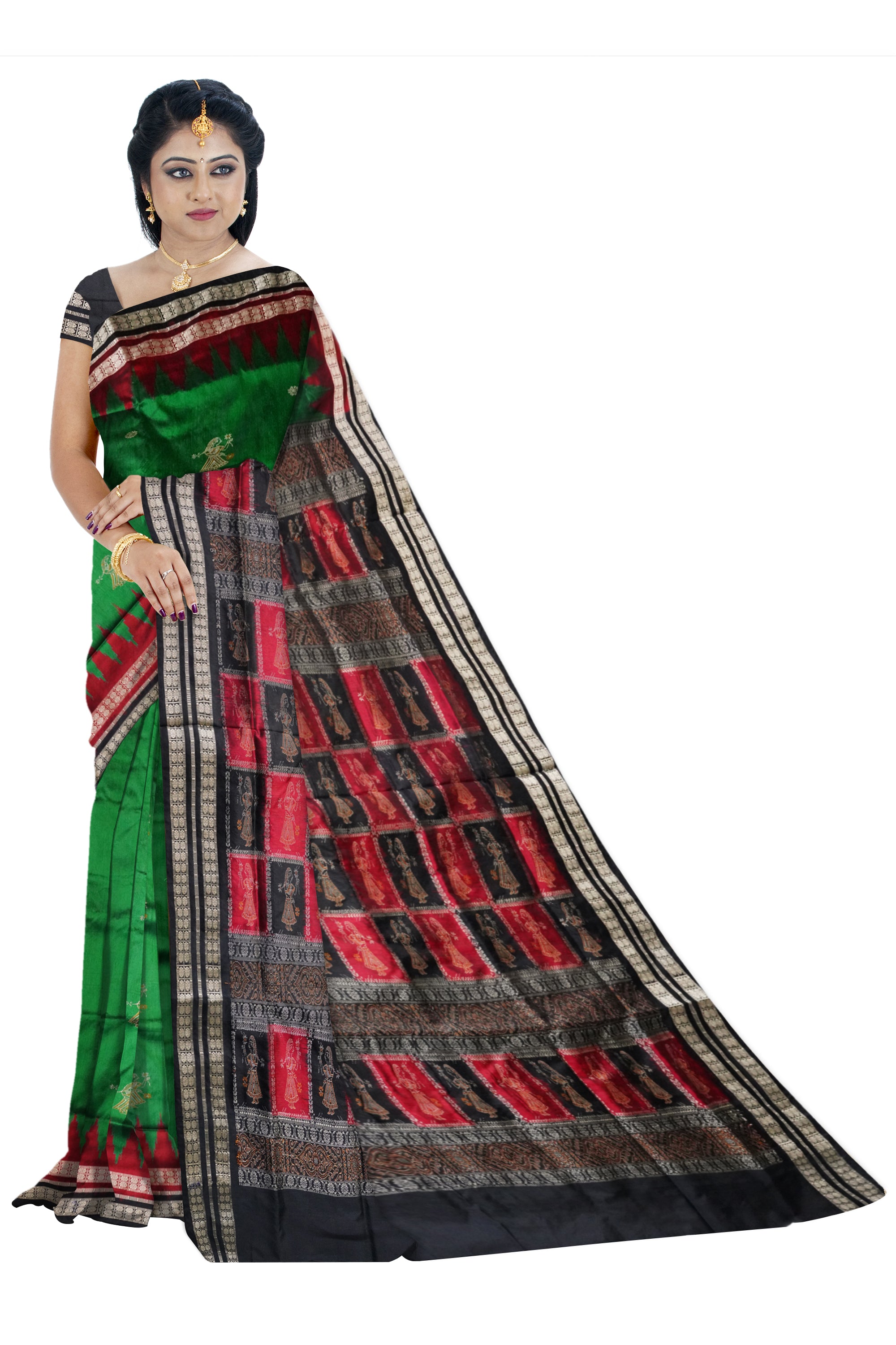 Full body with pallu doll pattern pata saree is green and black color. - Koshali Arts & Crafts Enterprise