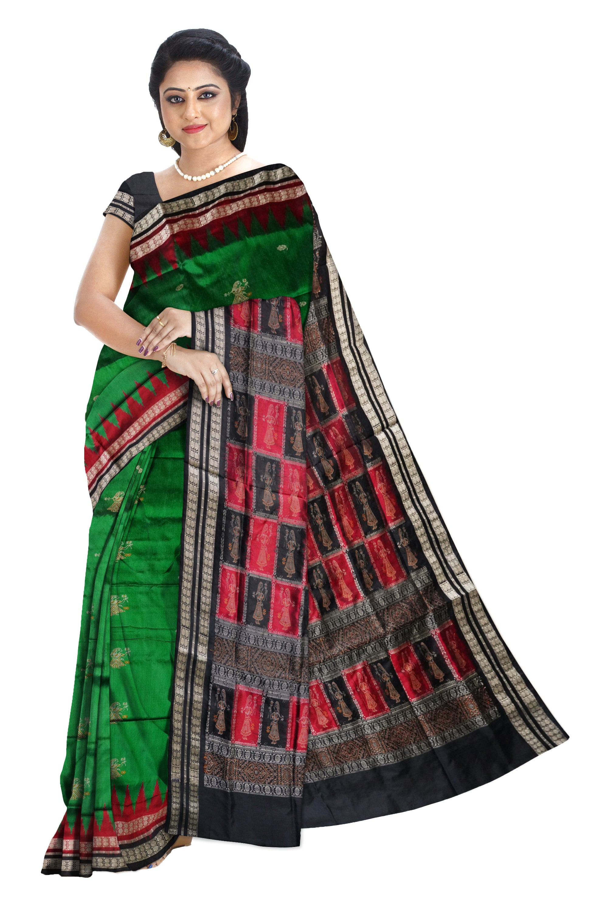 Full body with pallu doll pattern pata saree is green and black color. - Koshali Arts & Crafts Enterprise
