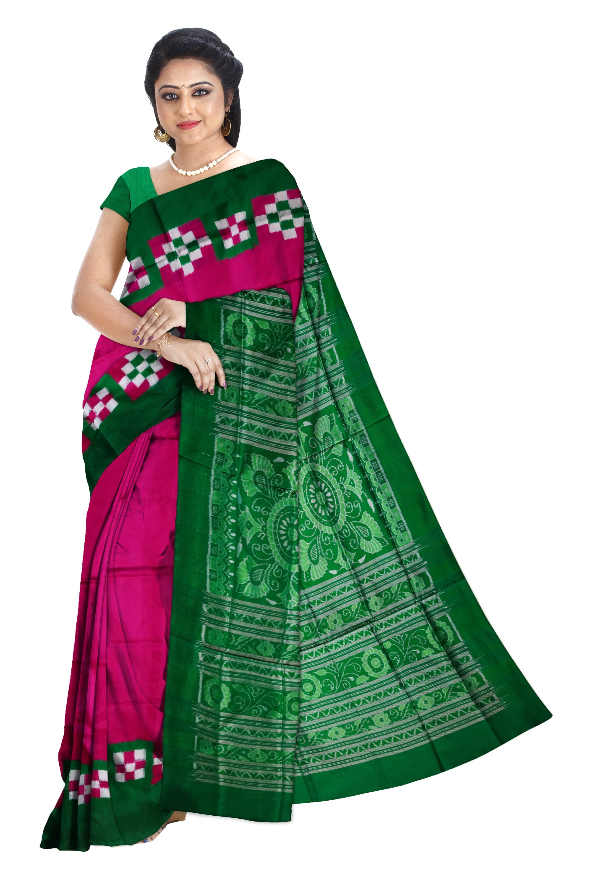 Plain border dhadi pasapali pure pata saree is pink and green color. - Koshali Arts & Crafts Enterprise