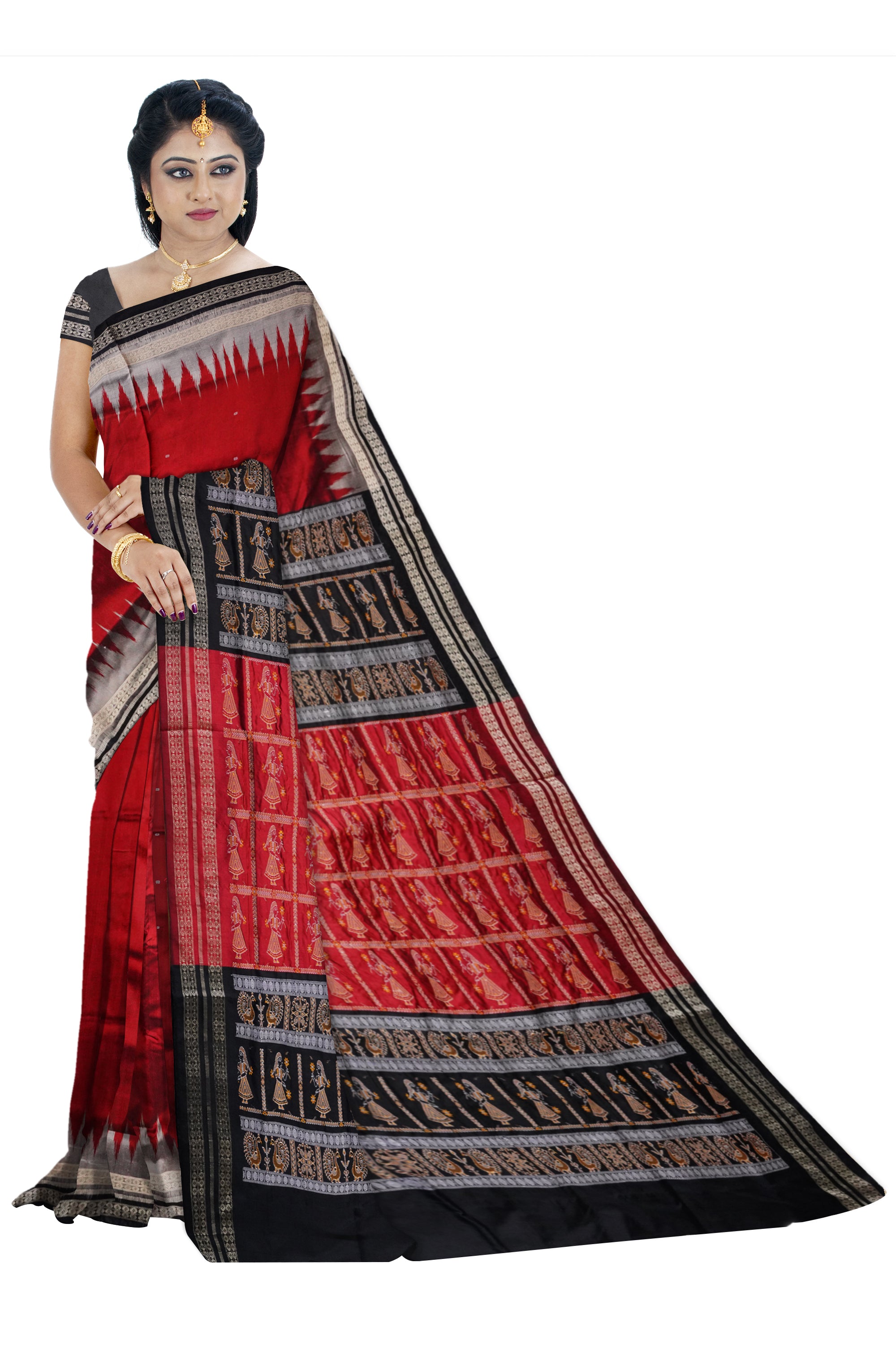 Plain bomkei pata saree is Maroon ,Black & Silver color with small booty work. - Koshali Arts & Crafts Enterprise