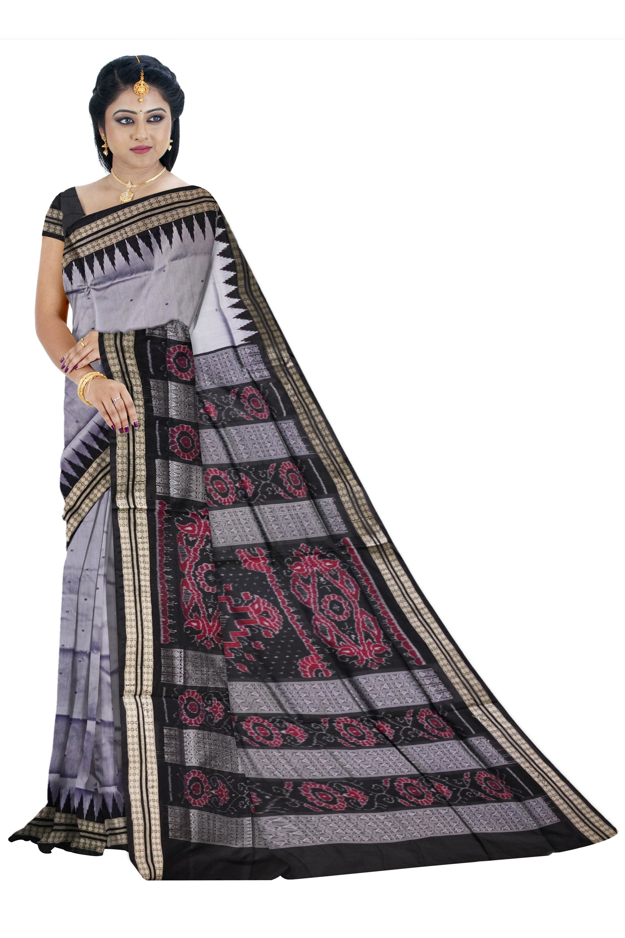 Small booty pattern plain pata saree in silver and black color. - Koshali Arts & Crafts Enterprise