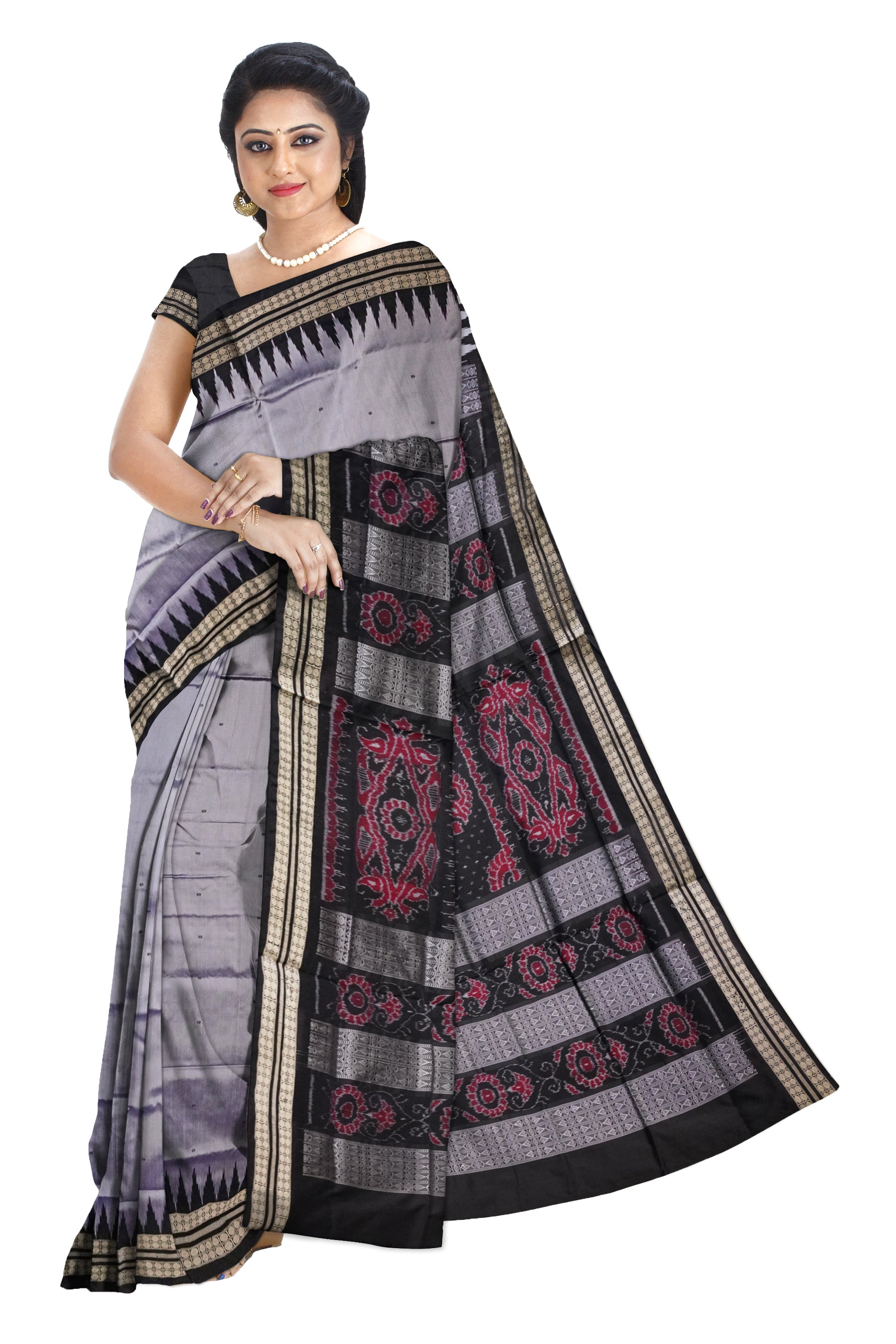 Small booty pattern plain pata saree in silver and black color. - Koshali Arts & Crafts Enterprise