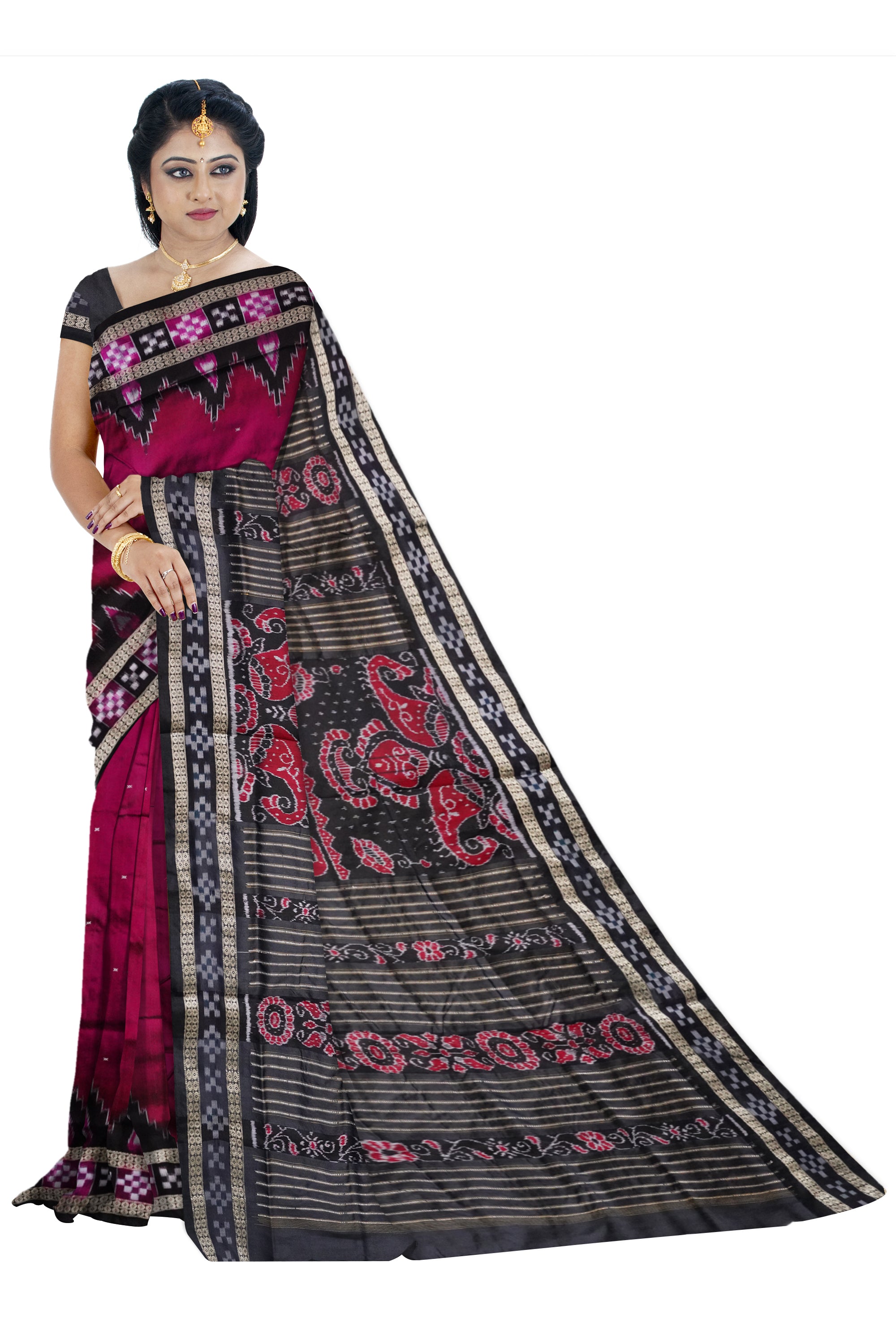 Pink and black color dhadi pasapali sambalpuri  pata saree. - Koshali Arts & Crafts Enterprise