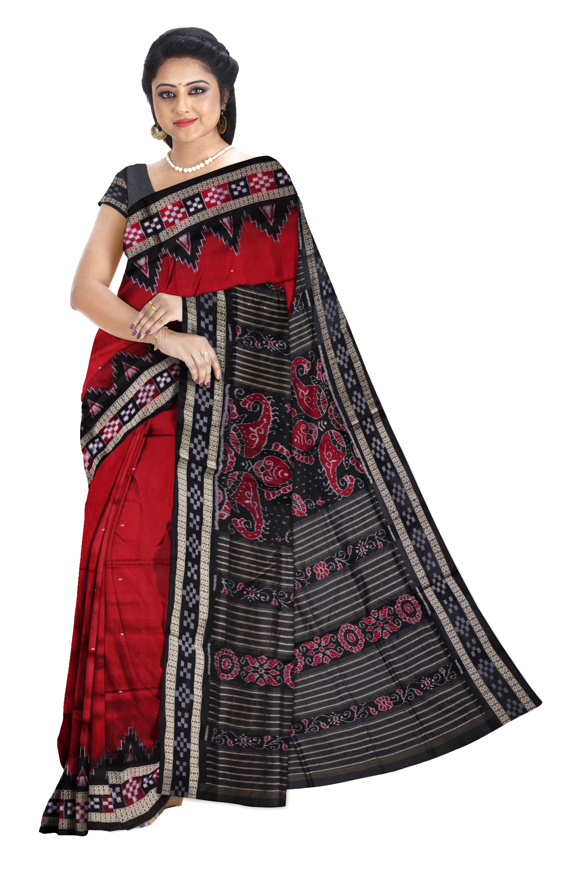 Maroon and Black dhadi Pasapali Sambalpuri pata saree with a unique border design. - Koshali Arts & Crafts Enterprise