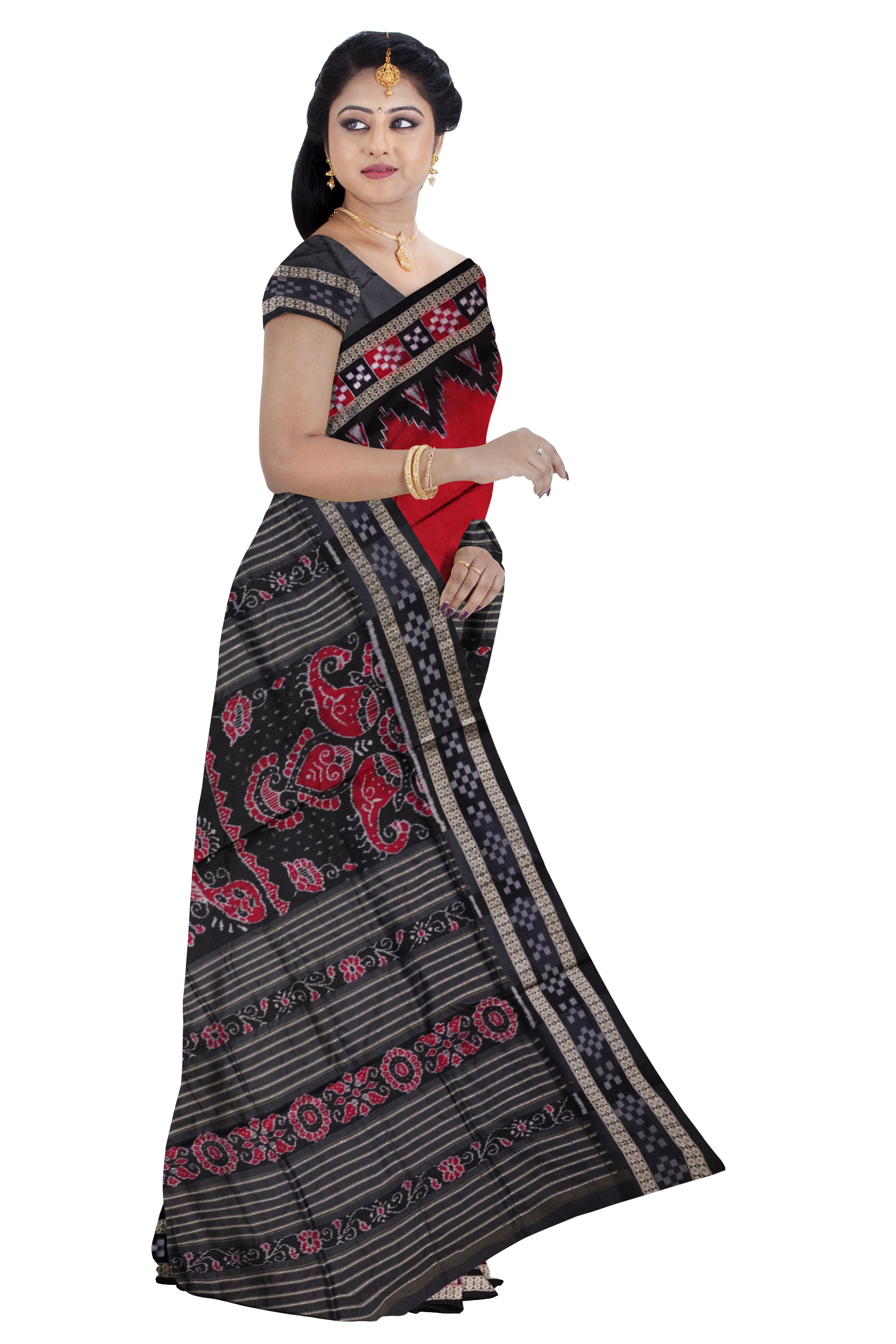 Maroon and Black dhadi Pasapali Sambalpuri pata saree with a unique border design. - Koshali Arts & Crafts Enterprise