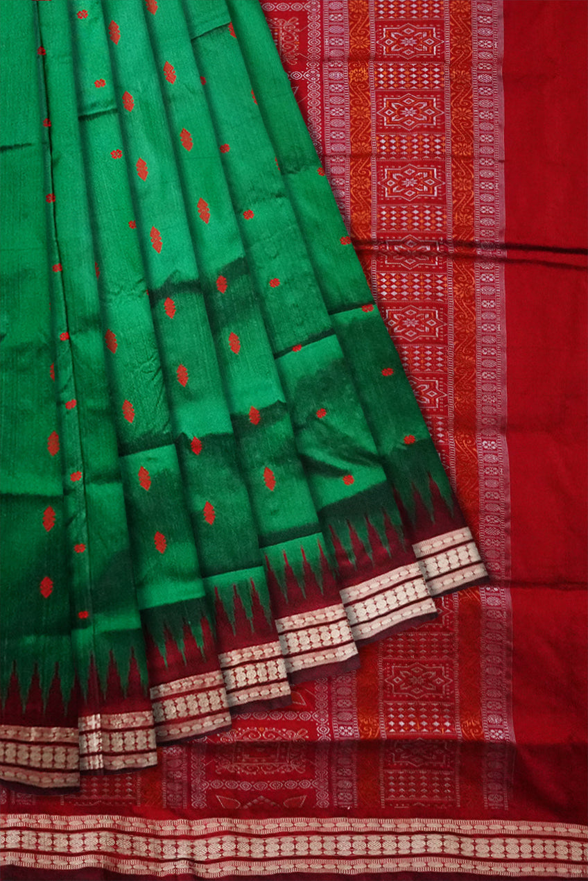 Green and red colour plain bomkei sambalpuri pata saree. - Koshali Arts & Crafts Enterprise