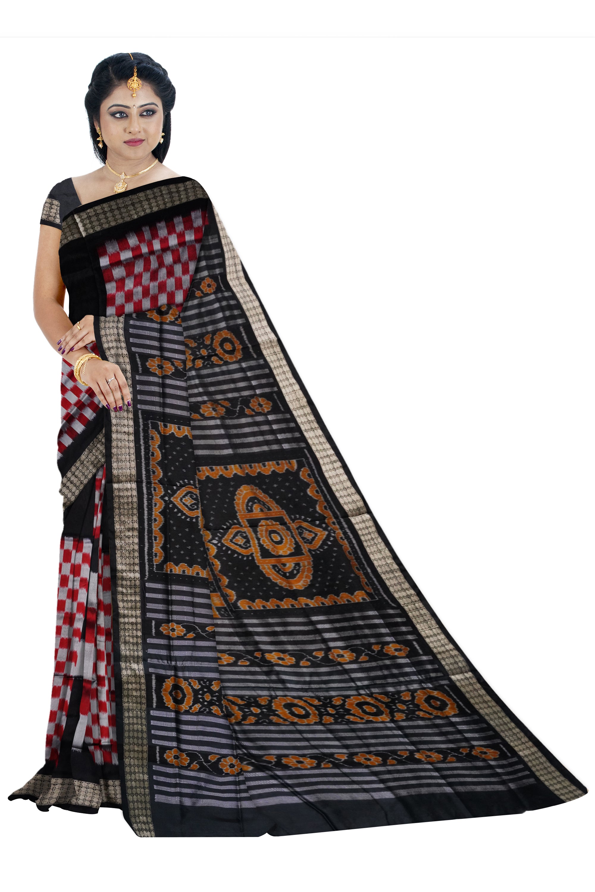 Big pattern pasapali sambalpuri pata saree with Black,Silver & Red color . - Koshali Arts & Crafts Enterprise