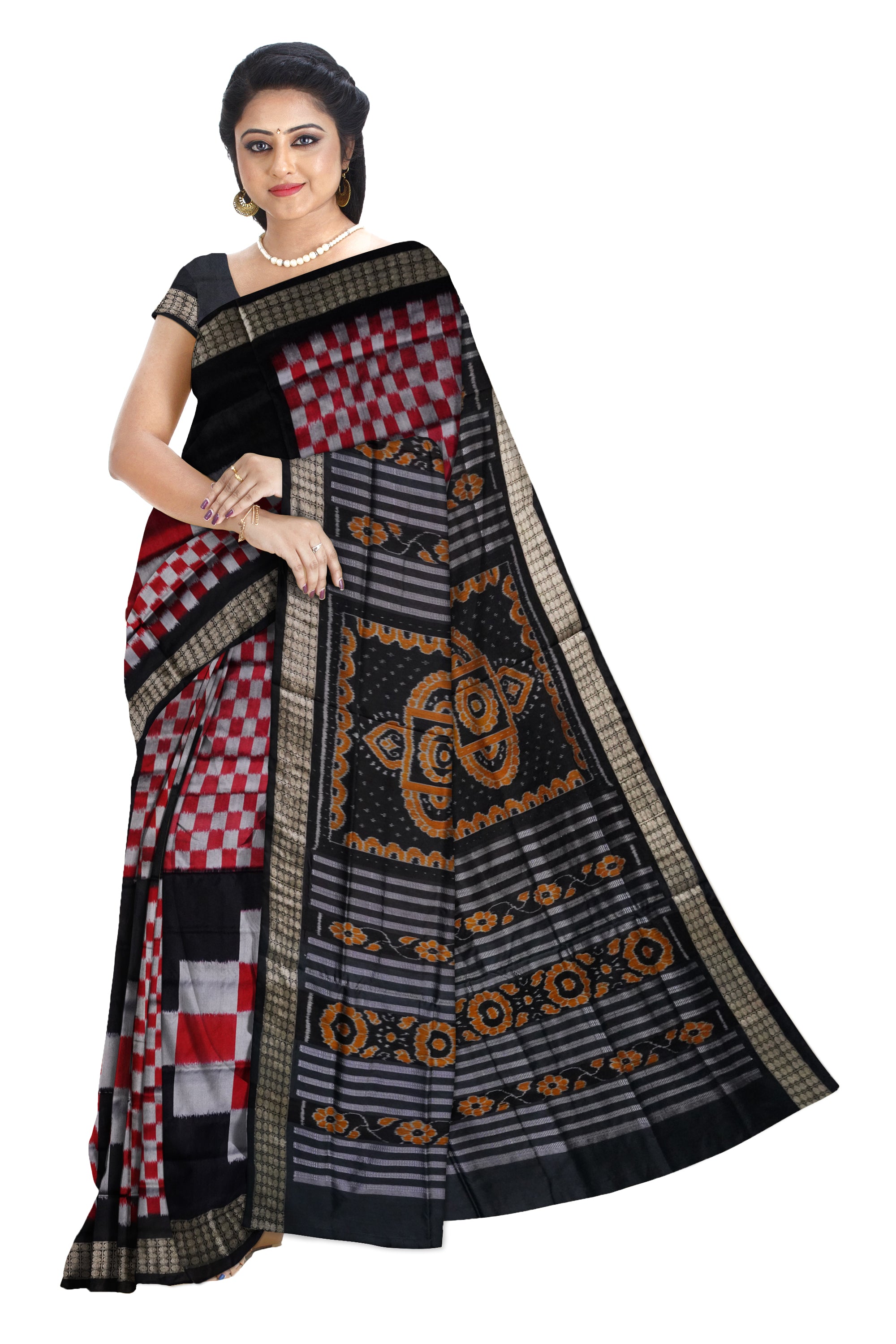 Big pattern pasapali sambalpuri pata saree with Black,Silver & Red color . - Koshali Arts & Crafts Enterprise