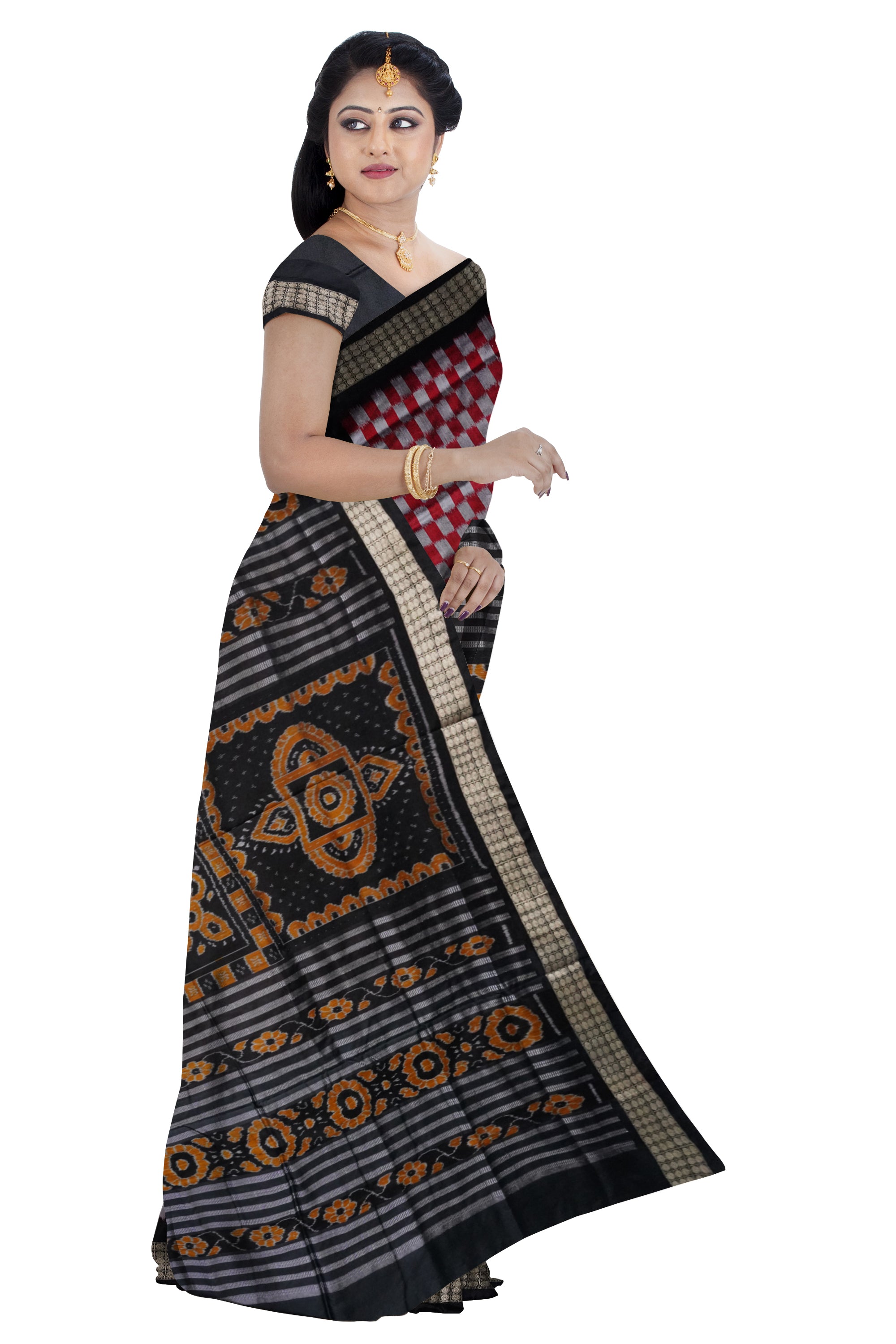 Big pattern pasapali sambalpuri pata saree with Black,Silver & Red color . - Koshali Arts & Crafts Enterprise