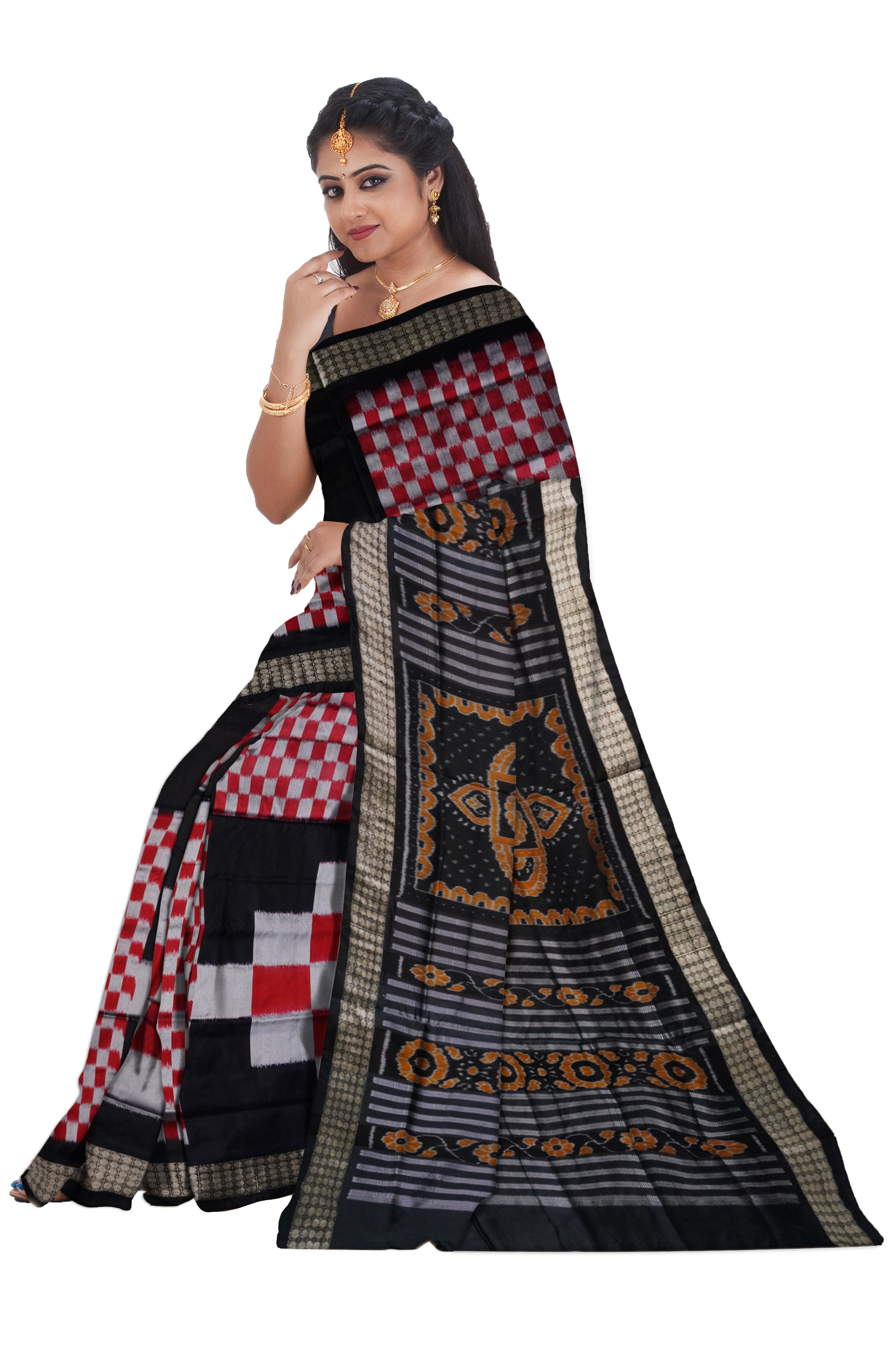 Big pattern pasapali sambalpuri pata saree with Black,Silver & Red color . - Koshali Arts & Crafts Enterprise