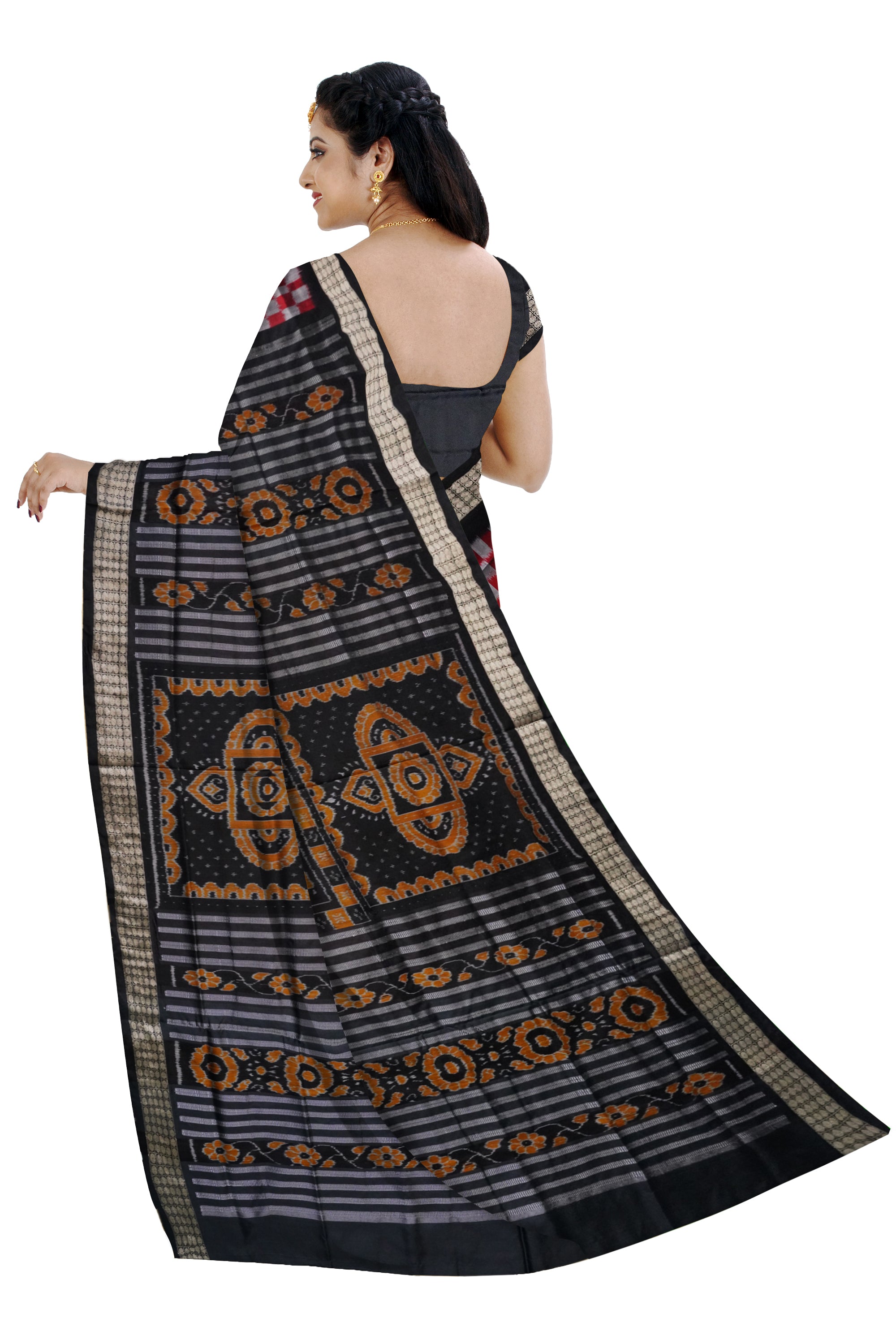 Big pattern pasapali sambalpuri pata saree with Black,Silver & Red color . - Koshali Arts & Crafts Enterprise