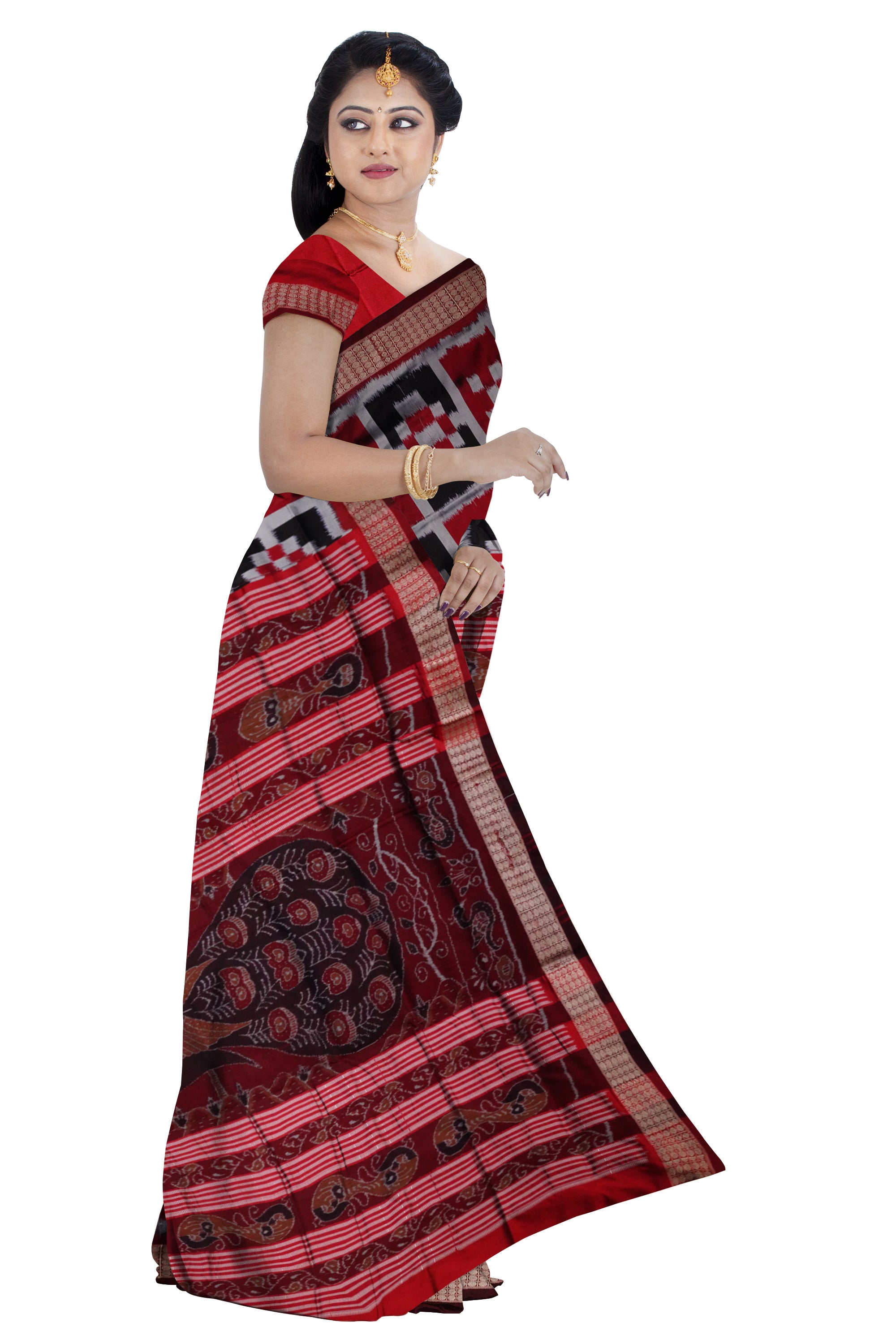 Full body pasapali pattern in Maroon,Silver & black colour  Sambalpuri pata saree. - Koshali Arts & Crafts Enterprise
