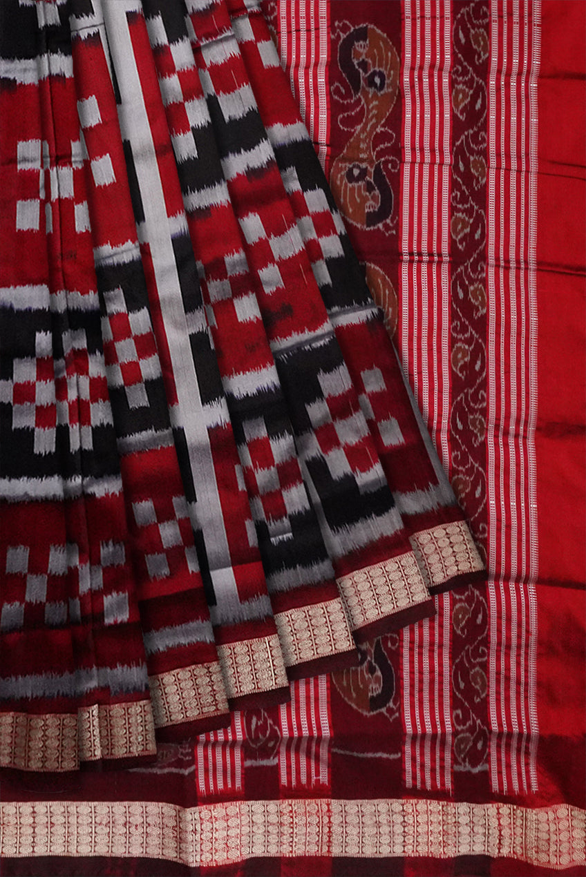 Full body pasapali pattern in Maroon,Silver & black colour  Sambalpuri pata saree. - Koshali Arts & Crafts Enterprise